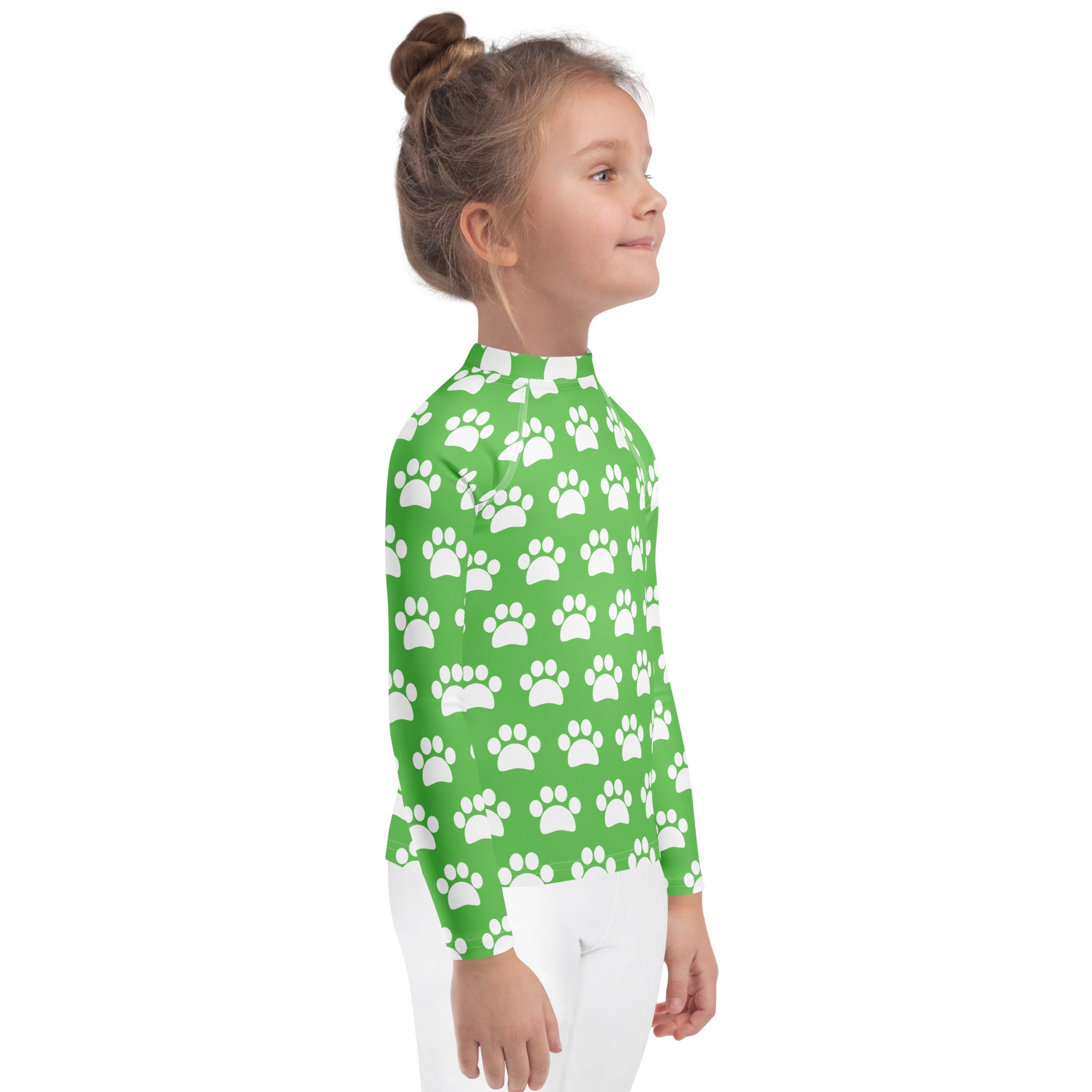 Kids Green Paw Print Long Sleeve Rash Guard Swim Shirt – Buttery Soft, Sun Safe UPF 50+ Protection, Quick Dry & 4-Way Stretch Comfort