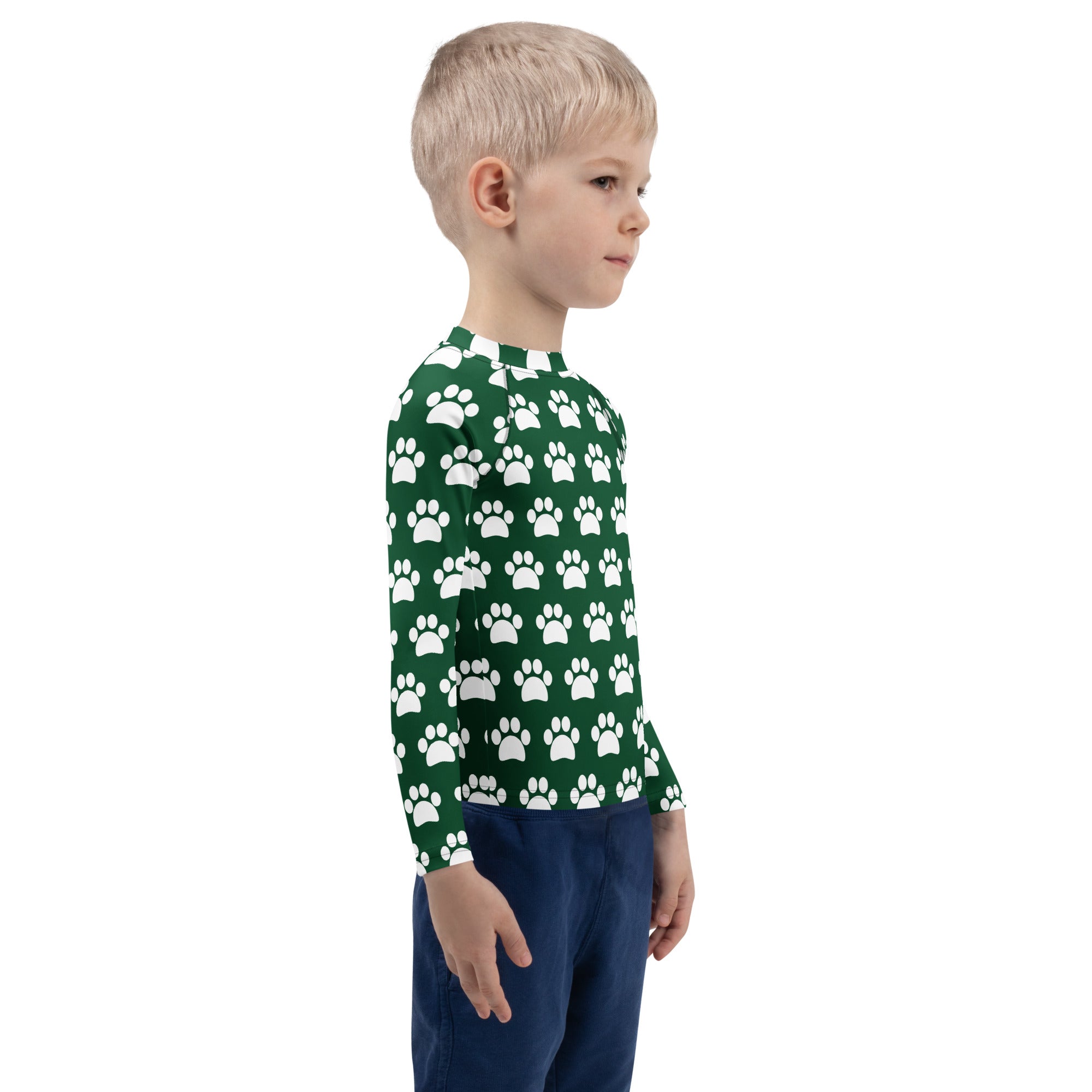 Kids Dark Green Paw Print Long Sleeve Rash Guard Swim Shirt – Buttery Soft, Sun Safe UPF 50+ Protection, Quick Dry & 4-Way Stretch Comfort