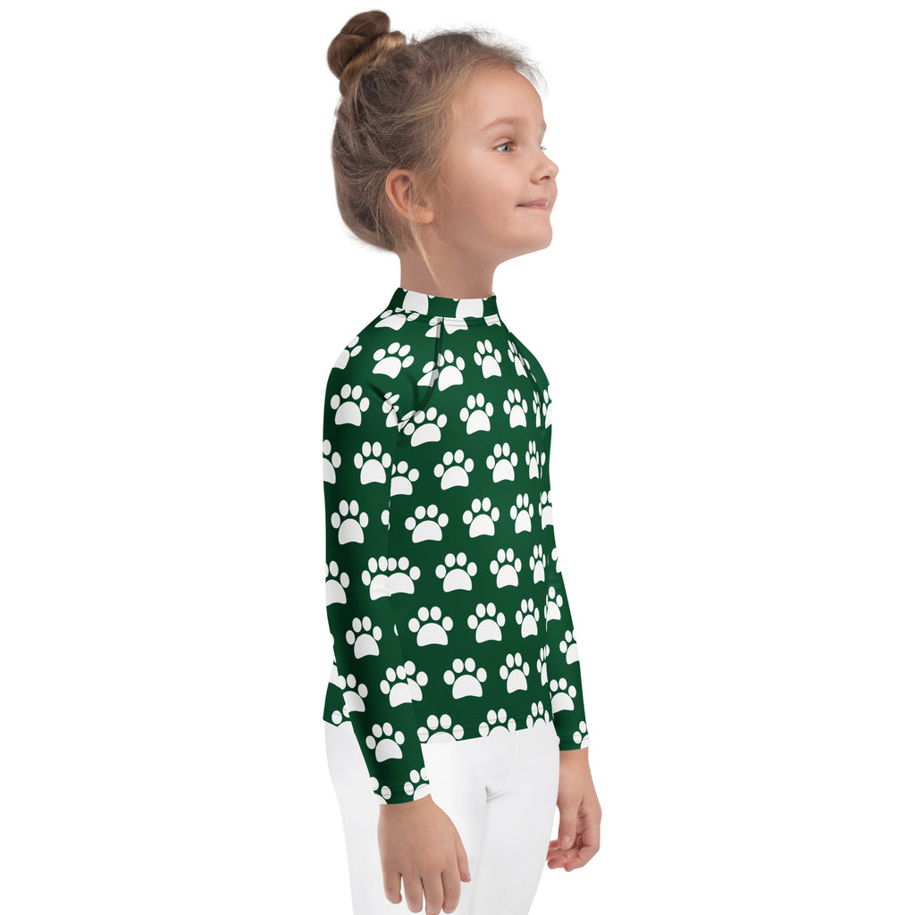 Kids Dark Green Paw Print Long Sleeve Rash Guard Swim Shirt – Buttery Soft, Sun Safe UPF 50+ Protection, Quick Dry & 4-Way Stretch Comfort