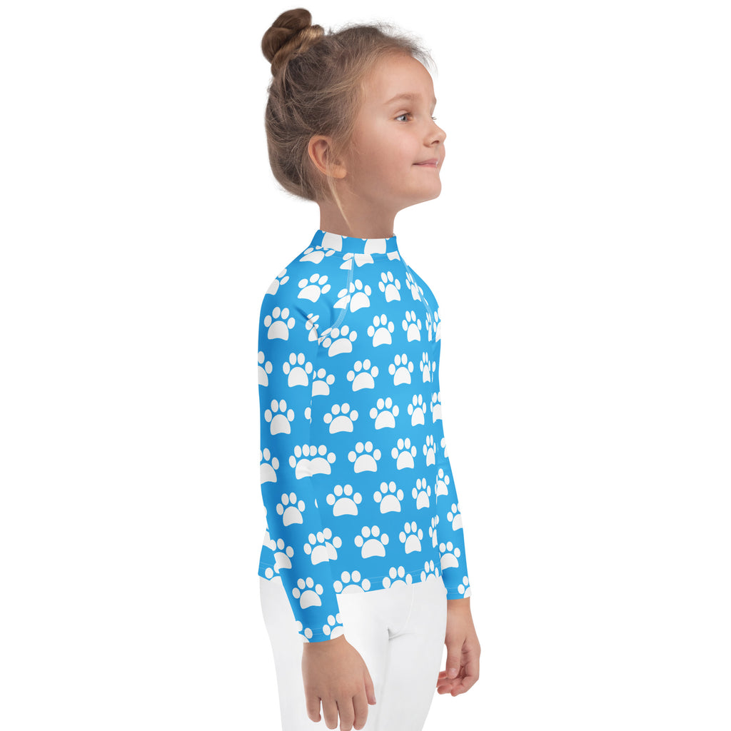 Kids Sky Blue Paw Print Long Sleeve Rash Guard Swim Shirt – Buttery Soft, Sun Safe UPF 50+ Protection, Quick Dry & 4-Way Stretch Comfort