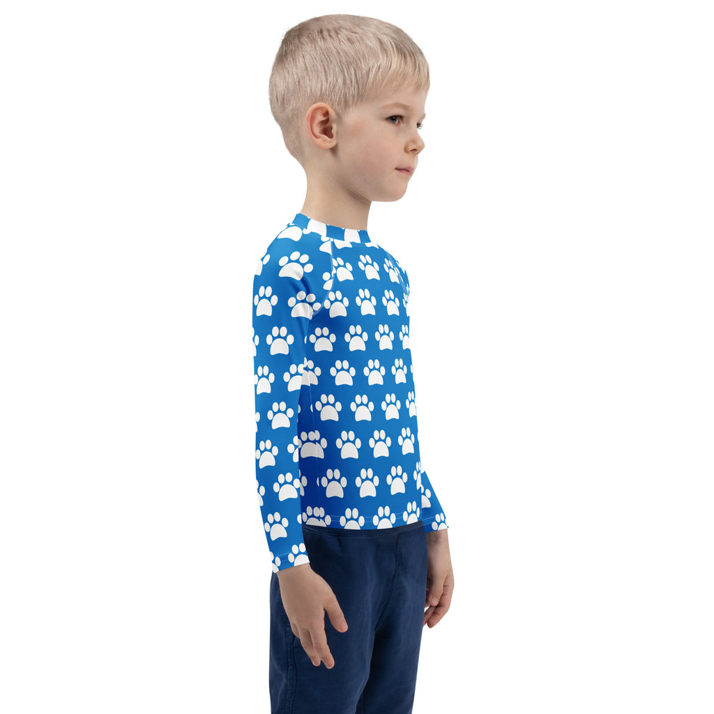 Kids Royal Blue Paw Print Long Sleeve Rash Guard Swim Shirt – Buttery Soft, Sun Safe UPF 50+ Protection, Quick Dry & 4-Way Stretch Comfort