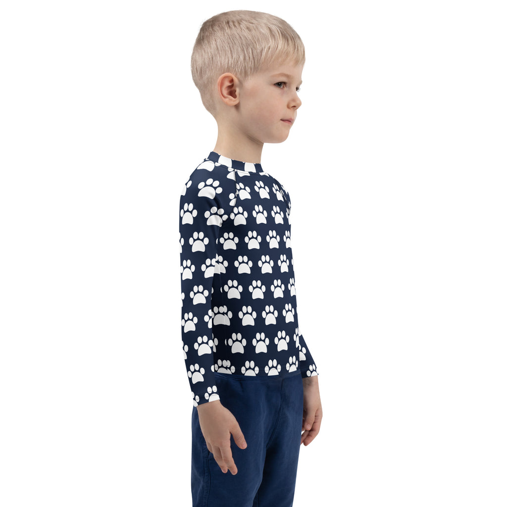 Kids Navy Blue Paw Print Long Sleeve Rash Guard Swim Shirt – Buttery Soft, Sun Safe UPF 50+ Protection, Quick Dry & 4-Way Stretch Comfort