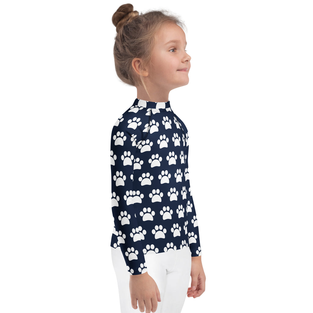 Kids Navy Blue Paw Print Long Sleeve Rash Guard Swim Shirt – Buttery Soft, Sun Safe UPF 50+ Protection, Quick Dry & 4-Way Stretch Comfort