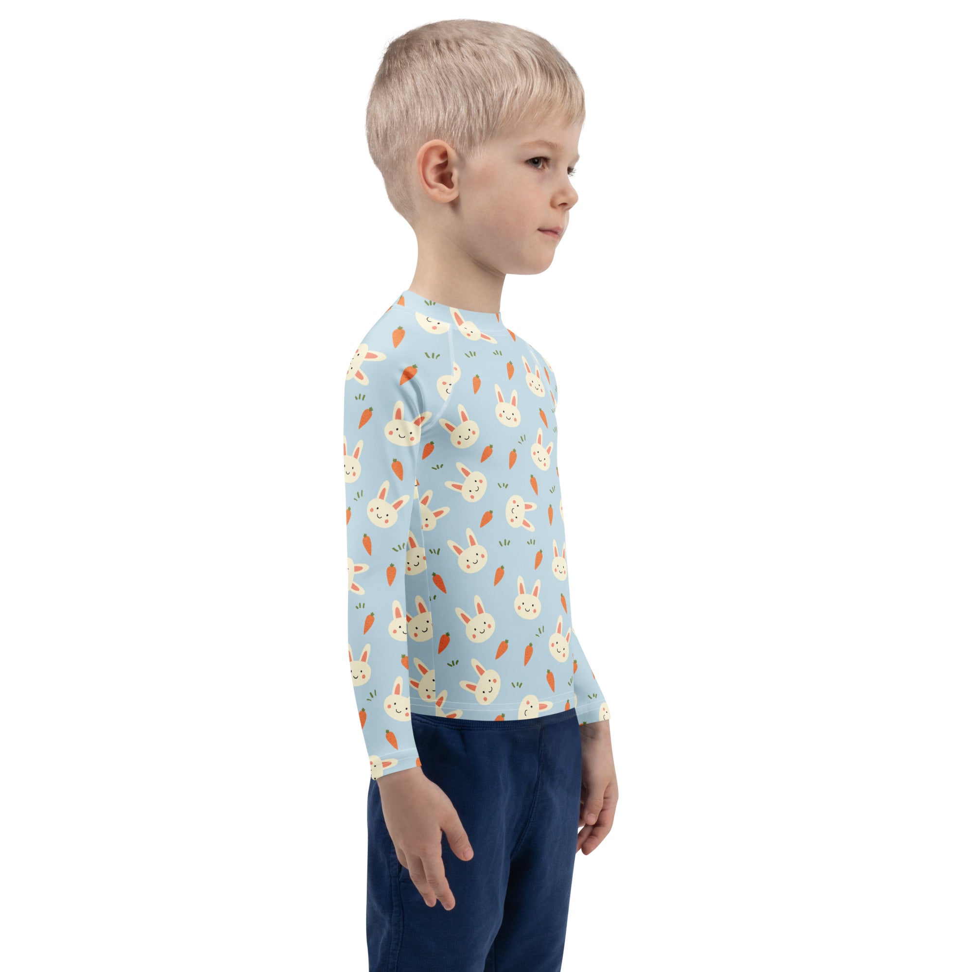 Kids Cute Bunny & Carrot Long Sleeve Rash Guard Swim Shirt – Buttery Soft, Sun Safe UPF 50+ Protection, Quick Dry & 4-Way Stretch Comfort