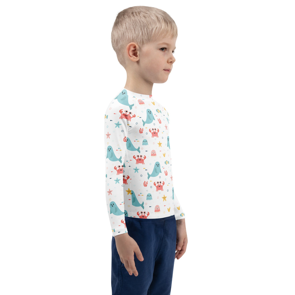 Kids Cute Ocean Animals Long Sleeve Rash Guard Swim Shirt – Buttery Soft, Sun Safe UPF 50+ Protection, Quick Dry & 4-Way Stretch Comfort