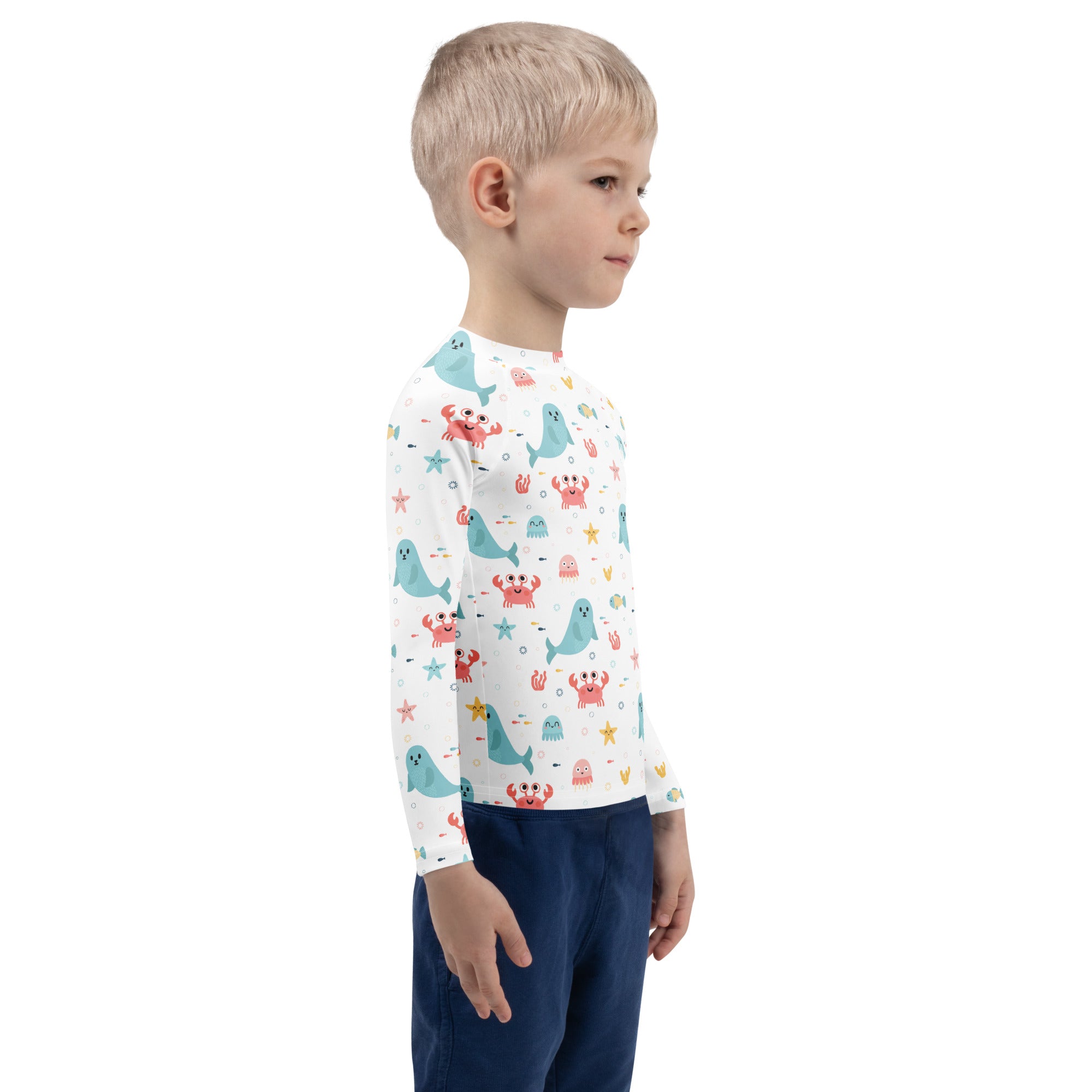 Kids Cute Ocean Animals Long Sleeve Rash Guard Swim Shirt – Buttery Soft, Sun Safe UPF 50+ Protection, Quick Dry & 4-Way Stretch Comfort