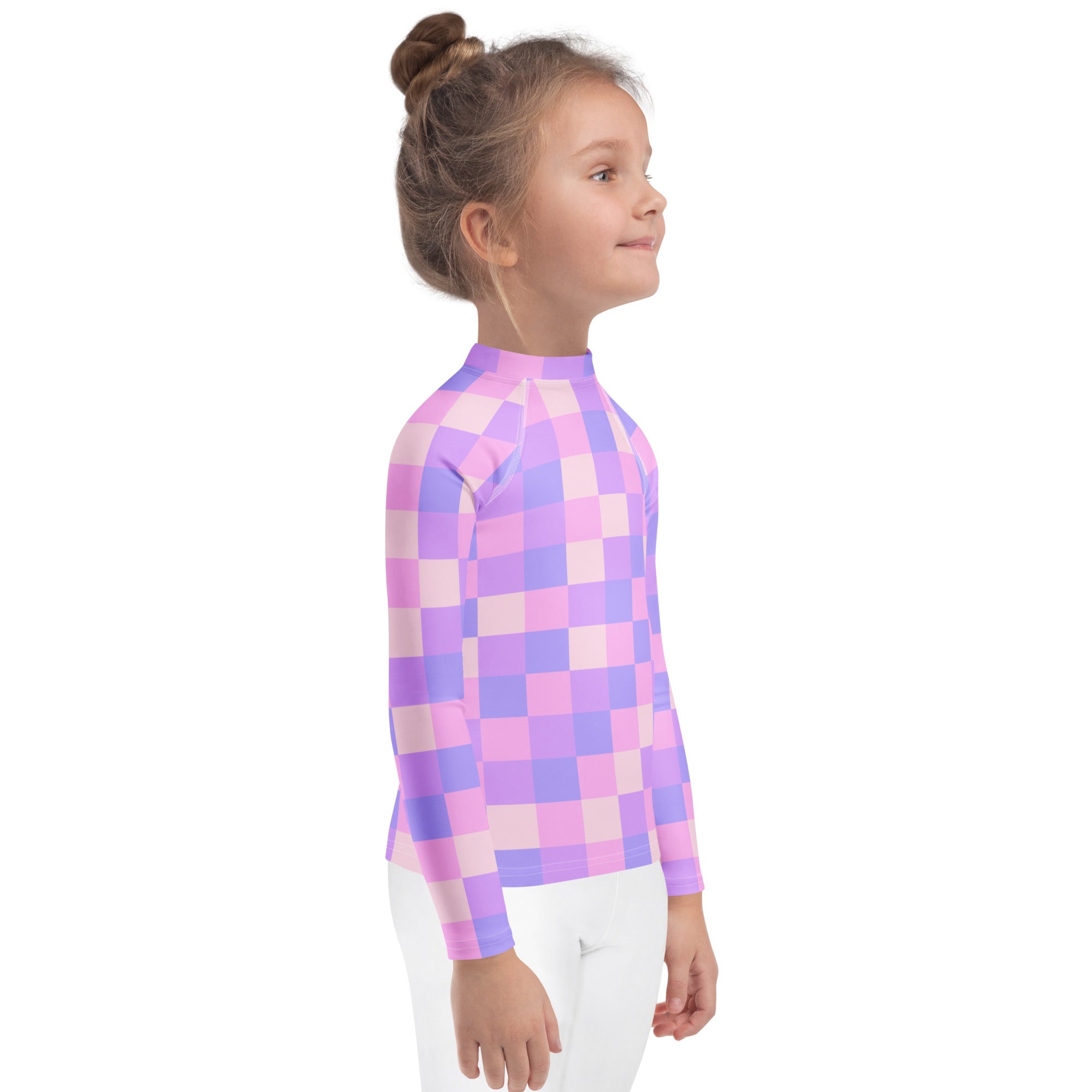 Girls Pink Purple Squares Long Sleeve Rash Guard Swim Shirt – Buttery Soft, Sun Safe UPF 50+ Protection, Quick Dry & 4-Way Stretch Comfort