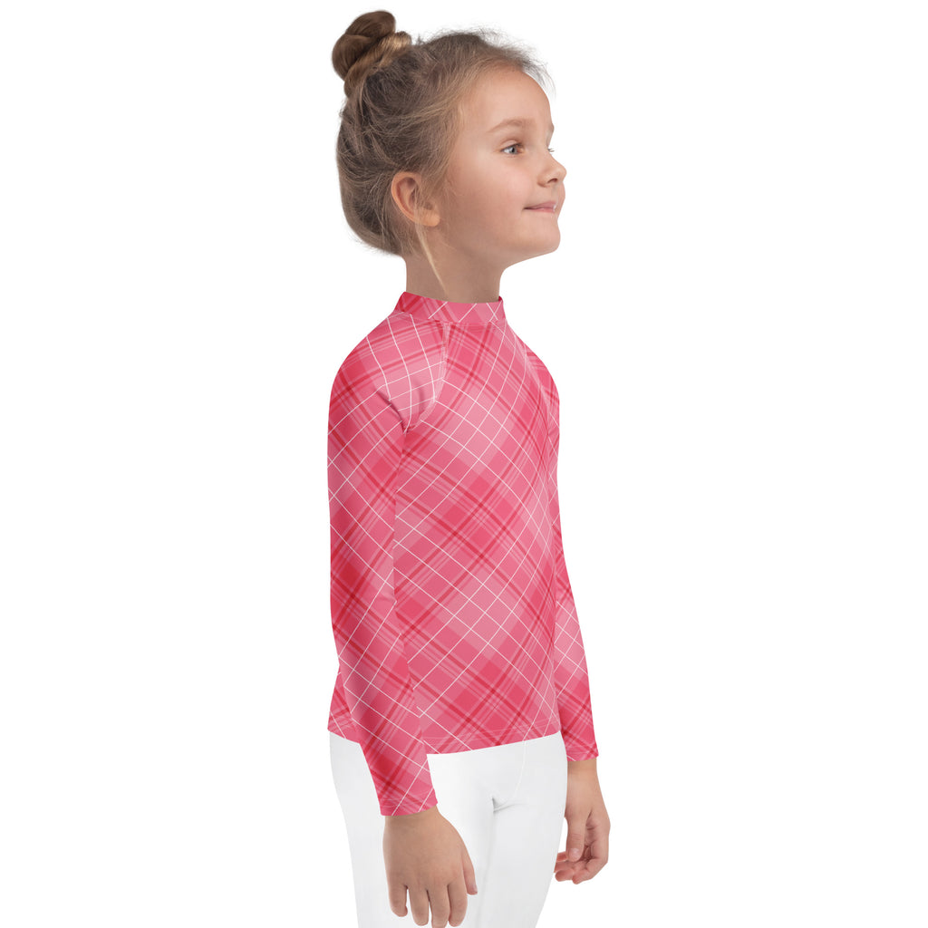 Girls Valentine’s Day Pink Plaid Long Sleeve Rash Guard Swim Shirt – Buttery Soft, Sun Safe UPF 50+ Protection, Quick Dry & 4-Way Stretch Comfort