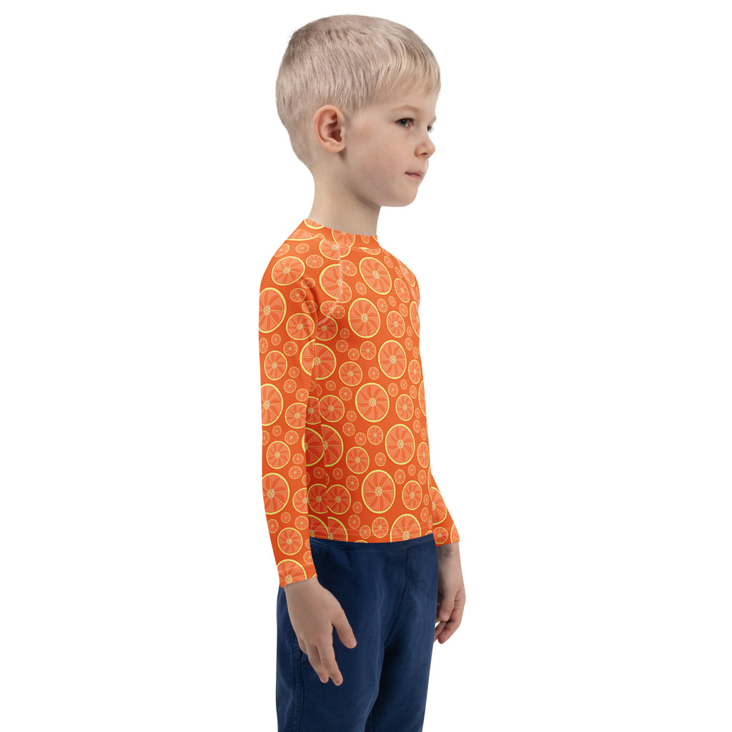 Kids Orange Citrus Long Sleeve Rash Guard Swim Shirt – Buttery Soft, Sun Safe UPF 50+ Protection, Quick Dry & 4-Way Stretch Comfort