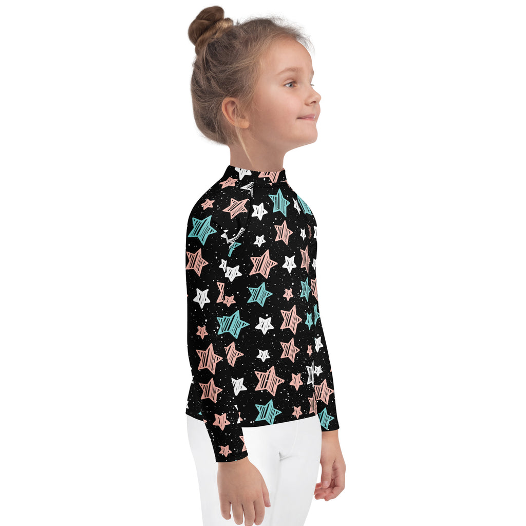 Girls Colorful Doodle Stars Stripe Long Sleeve Rash Guard Swim Shirt – Buttery Soft, Sun Safe UPF 50+ Protection, Quick Dry & 4-Way Stretch Comfort