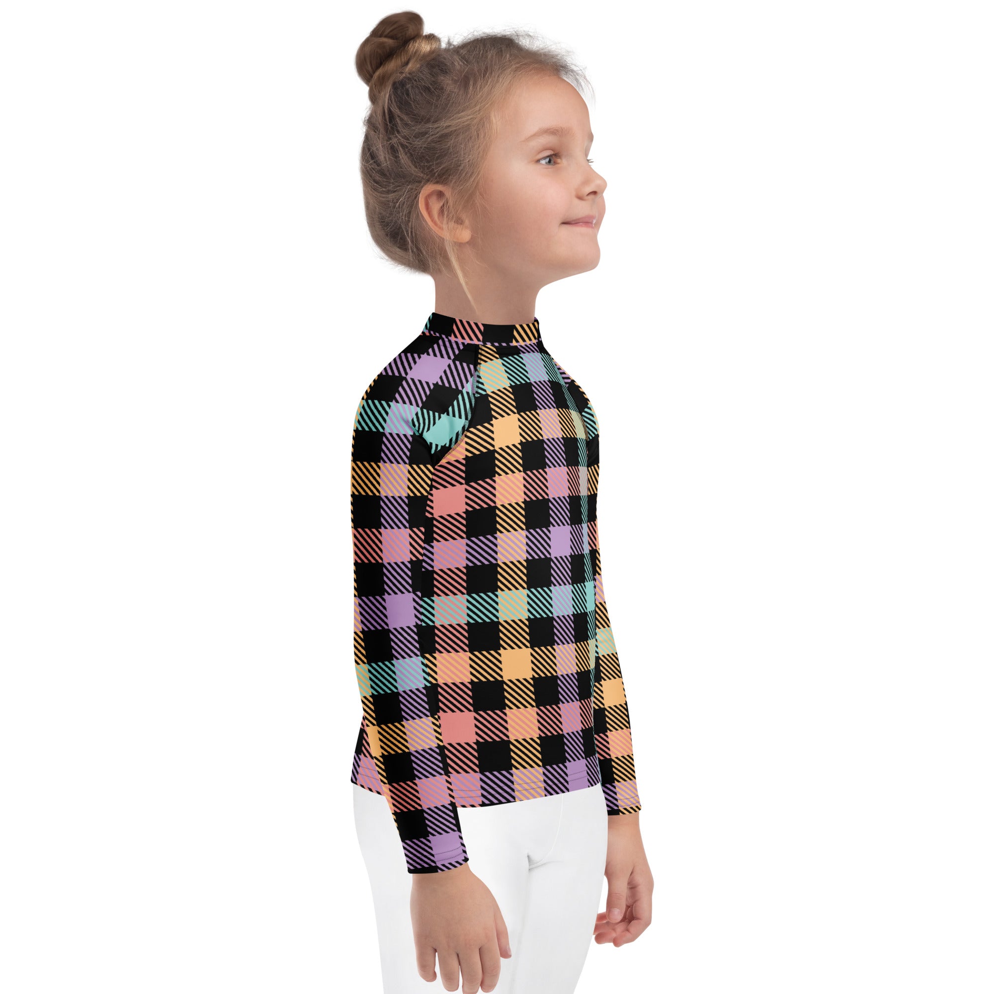 Girls Colorful Pastel Plaid Long Sleeve Rash Guard Swim Shirt – Buttery Soft, Sun Safe UPF 50+ Protection, Quick Dry & 4-Way Stretch Comfort