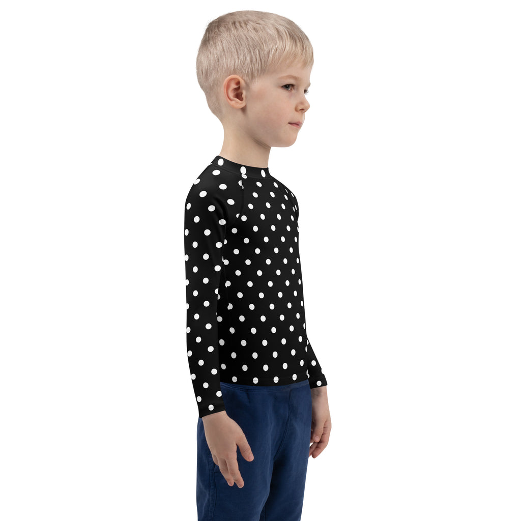 Kids Black Polka Dot Long Sleeve Rash Guard Swim Shirt – Buttery Soft, Sun Safe UPF 50+ Protection, Quick Dry & 4-Way Stretch Comfort