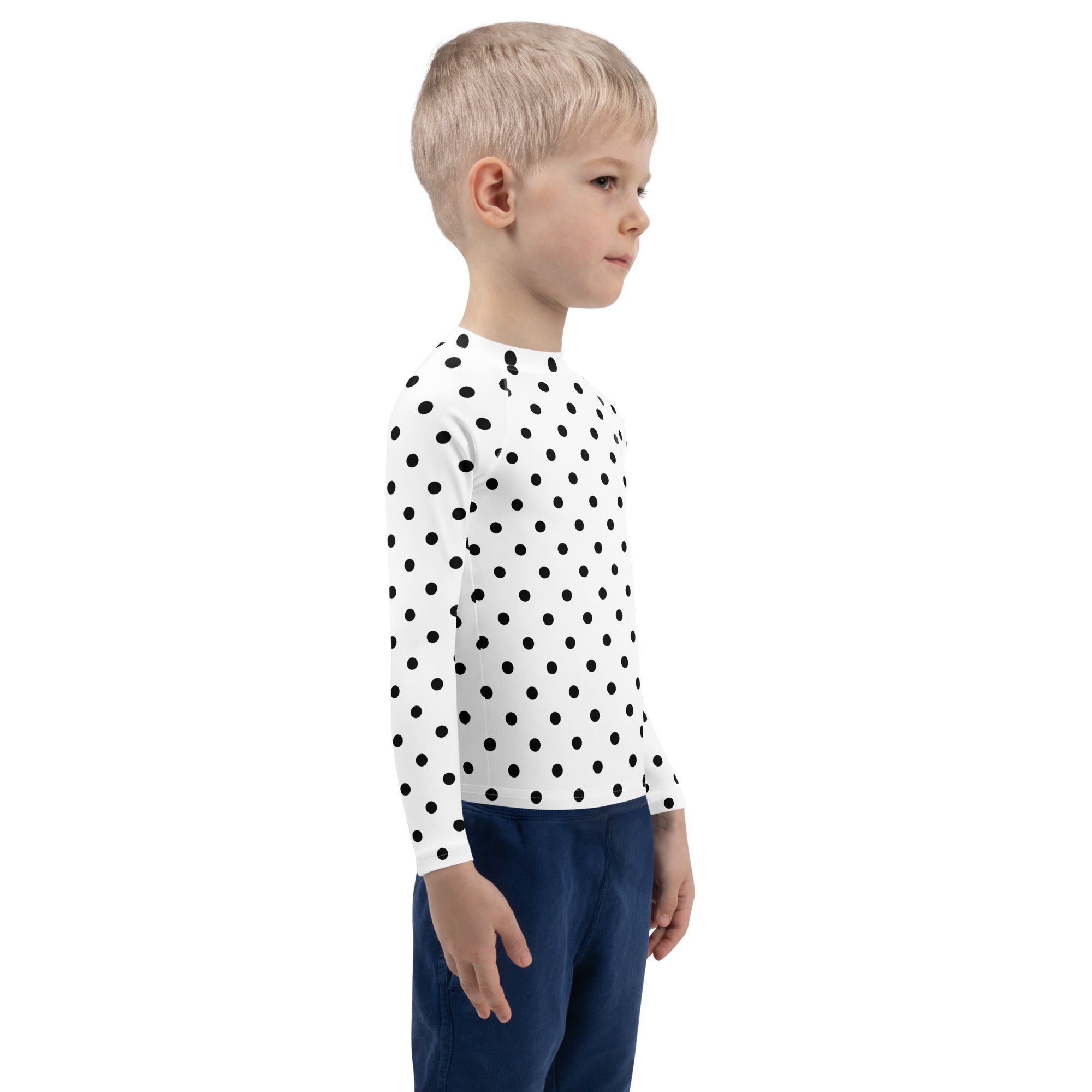 Kids White Polka Dot Long Sleeve Rash Guard Swim Shirt – Buttery Soft, Sun Safe UPF 50+ Protection, Quick Dry & 4-Way Stretch Comfort