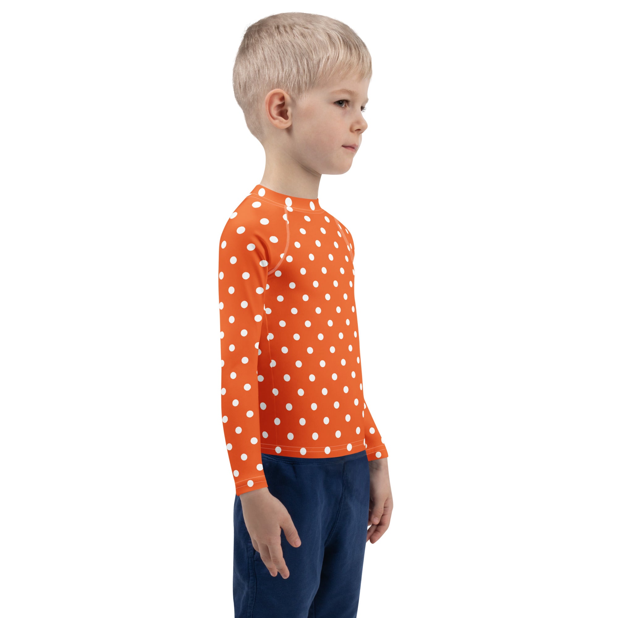 Kids Orange Polka Dot Long Sleeve Rash Guard Swim Shirt – Buttery Soft, Sun Safe UPF 50+ Protection, Quick Dry & 4-Way Stretch Comfort