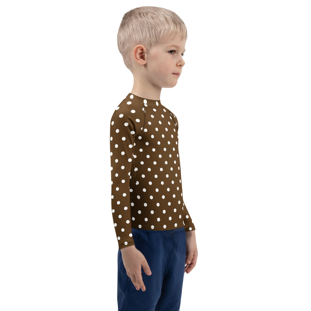 Kids Brown Polka Dot Long Sleeve Rash Guard Swim Shirt – Buttery Soft, Sun Safe UPF 50+ Protection, Quick Dry & 4-Way Stretch Comfort