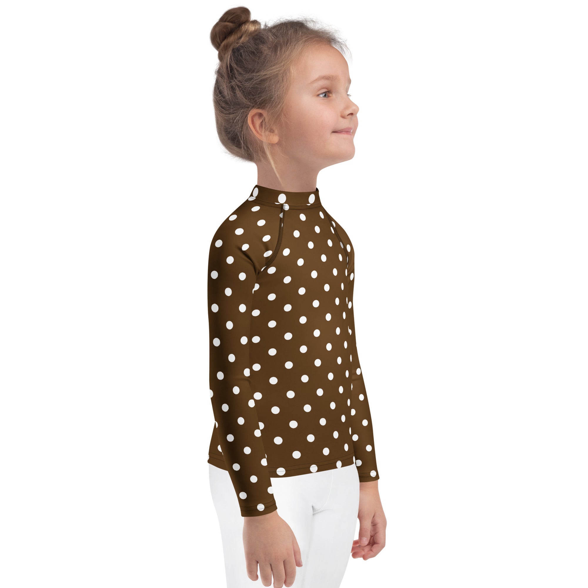 Kids Brown Polka Dot Long Sleeve Rash Guard Swim Shirt – Buttery Soft, Sun Safe UPF 50+ Protection, Quick Dry & 4-Way Stretch Comfort