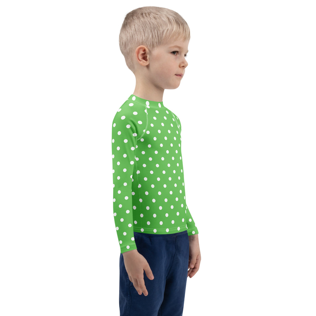 Kids Green Polka Dot Long Sleeve Rash Guard Swim Shirt – Buttery Soft, Sun Safe UPF 50+ Protection, Quick Dry & 4-Way Stretch Comfort