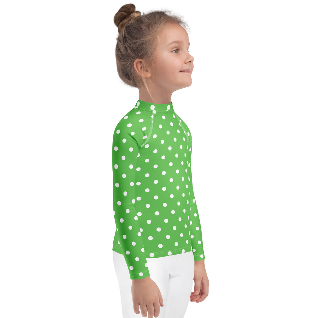Kids Green Polka Dot Long Sleeve Rash Guard Swim Shirt – Buttery Soft, Sun Safe UPF 50+ Protection, Quick Dry & 4-Way Stretch Comfort