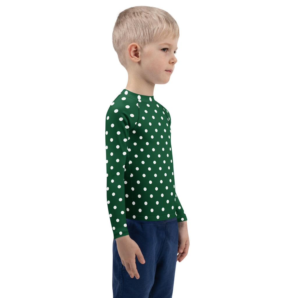Kids Dark Green Polka Dot Long Sleeve Rash Guard Swim Shirt – Buttery Soft, Sun Safe UPF 50+ Protection, Quick Dry & 4-Way Stretch Comfort