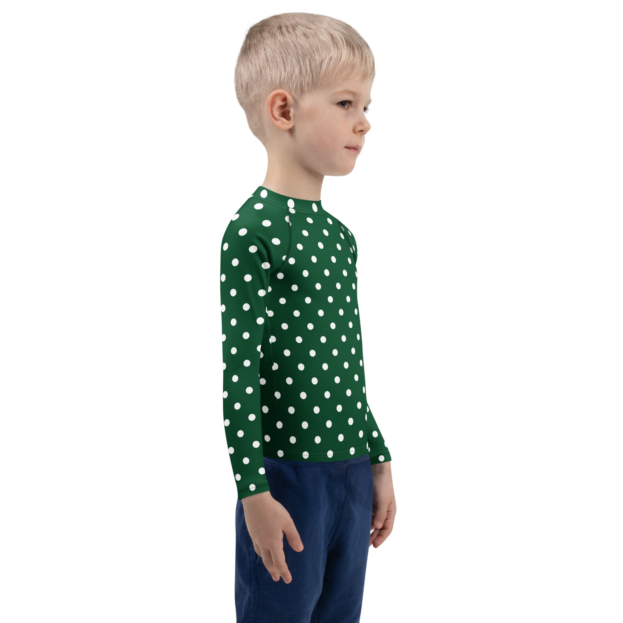 Kids Dark Green Polka Dot Long Sleeve Rash Guard Swim Shirt – Buttery Soft, Sun Safe UPF 50+ Protection, Quick Dry & 4-Way Stretch Comfort