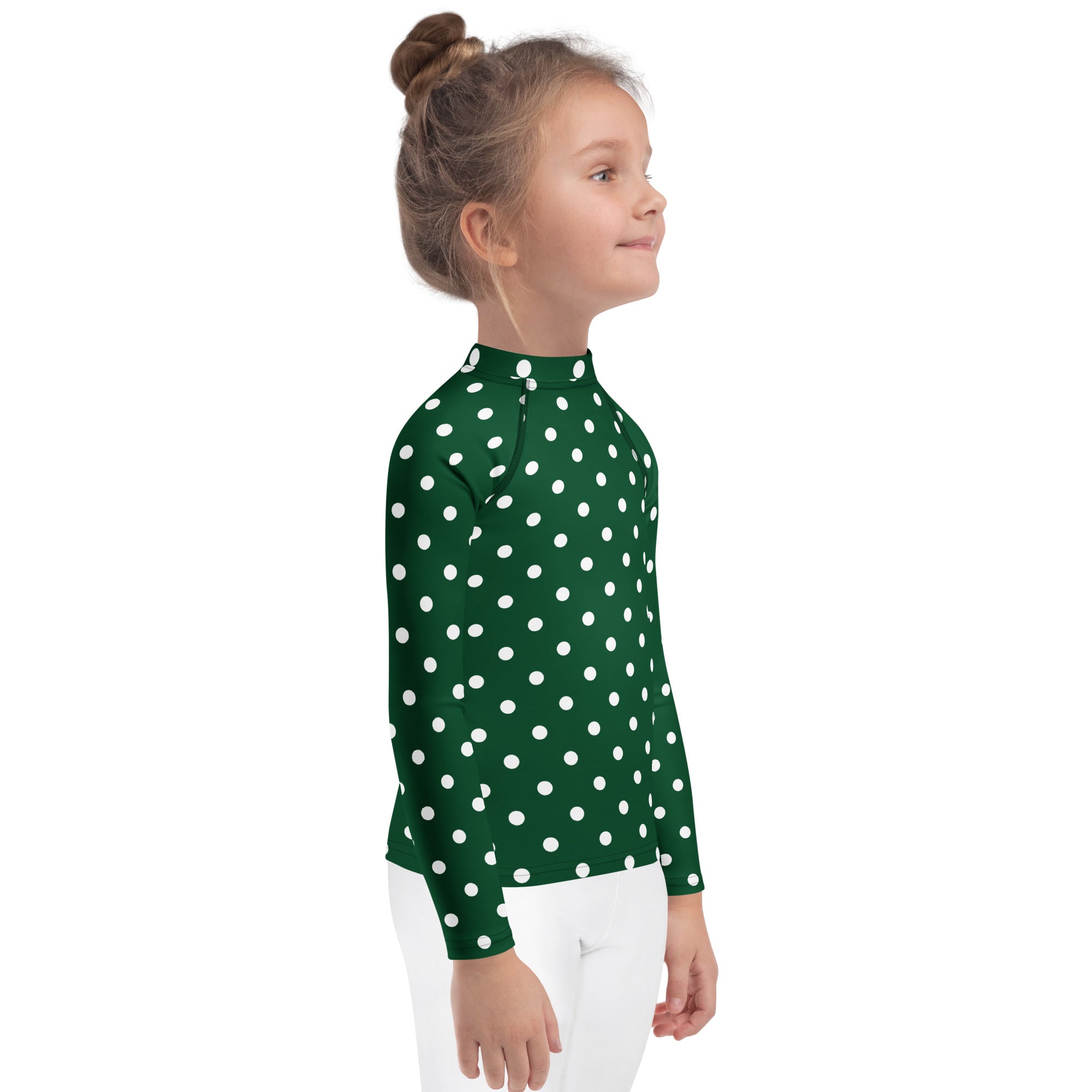 Kids Dark Green Polka Dot Long Sleeve Rash Guard Swim Shirt – Buttery Soft, Sun Safe UPF 50+ Protection, Quick Dry & 4-Way Stretch Comfort