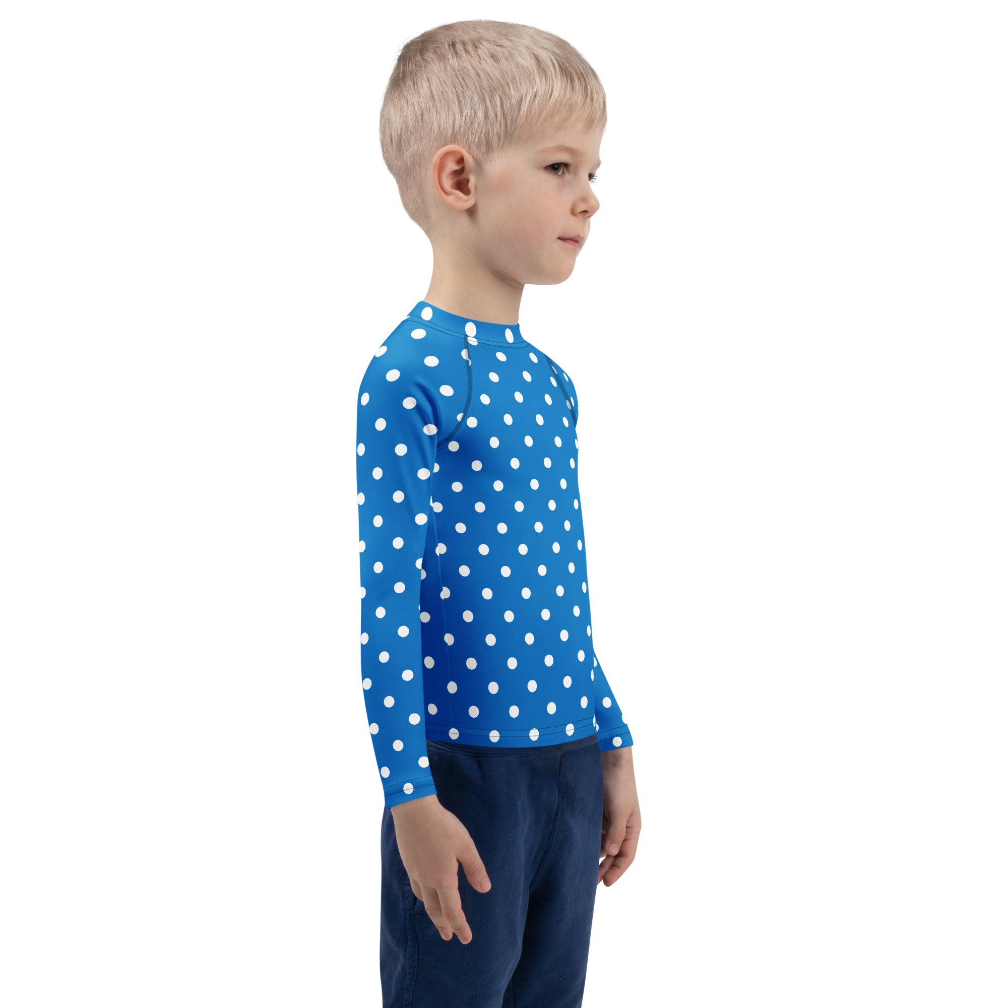 Kids Royal Blue Polka Dot Long Sleeve Rash Guard Swim Shirt – Buttery Soft, Sun Safe UPF 50+ Protection, Quick Dry & 4-Way Stretch Comfort