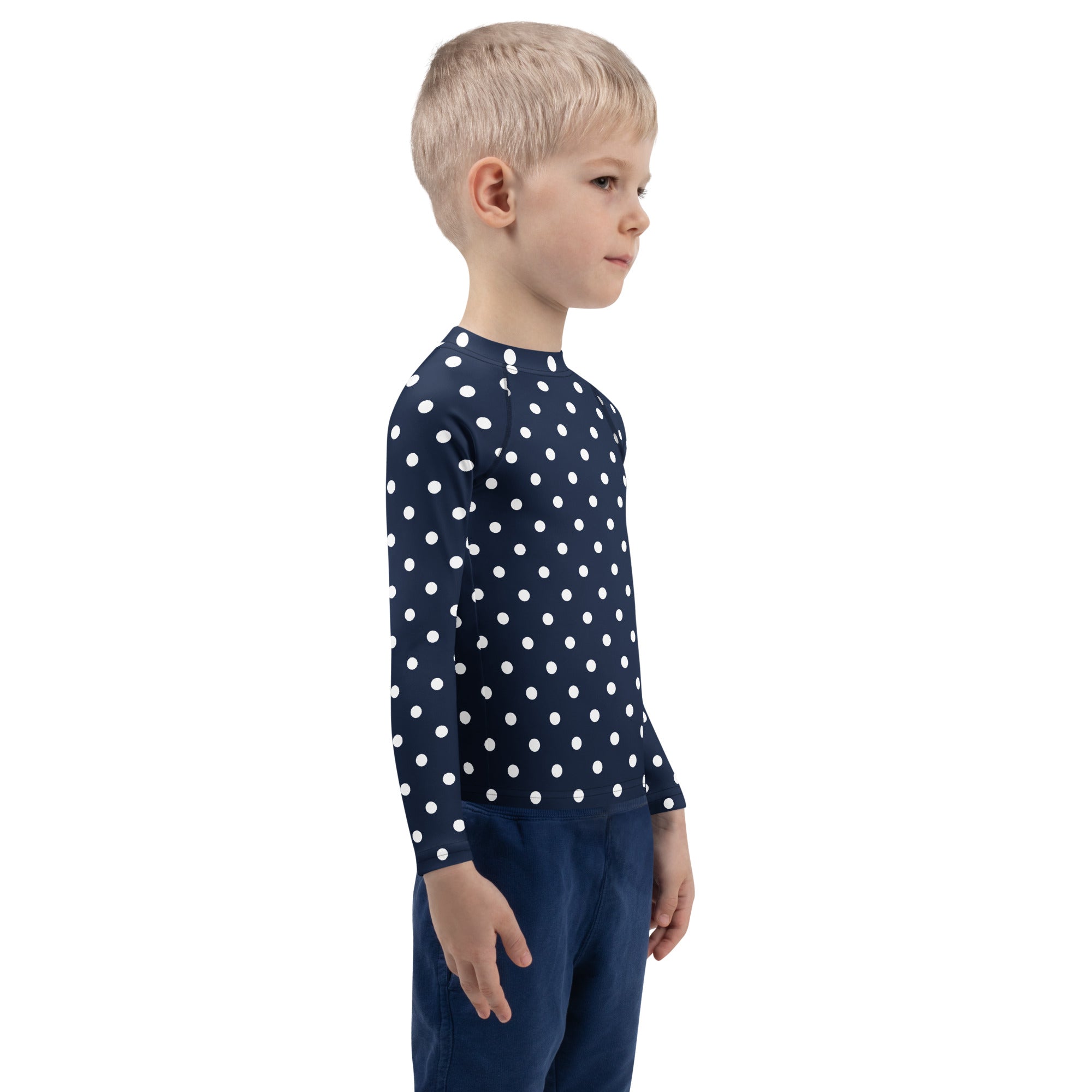 Kids Navy Blue Polka Dot Long Sleeve Rash Guard Swim Shirt – Buttery Soft, Sun Safe UPF 50+ Protection, Quick Dry & 4-Way Stretch Comfort