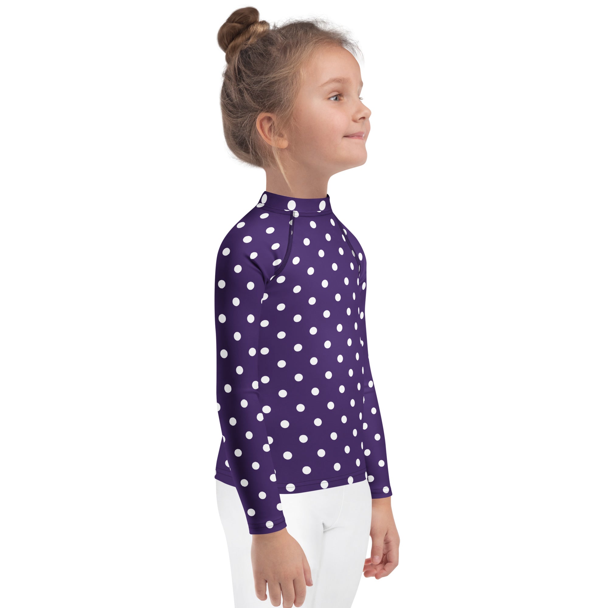 Girls Dark Purple Polka Dot Long Sleeve Rash Guard Swim Shirt – Buttery Soft, Sun Safe UPF 50+ Protection, Quick Dry & 4-Way Stretch Comfort