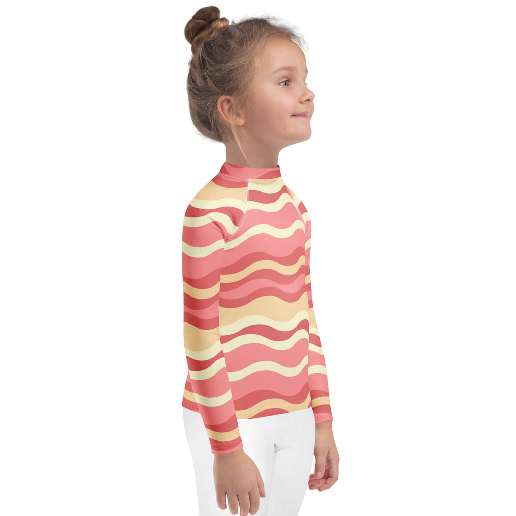 Kids Retro Pink Sand Waves Long Sleeve Rash Guard Swim Shirt – Buttery Soft, Sun Safe UPF 50+ Protection, Quick Dry & 4-Way Stretch Comfort