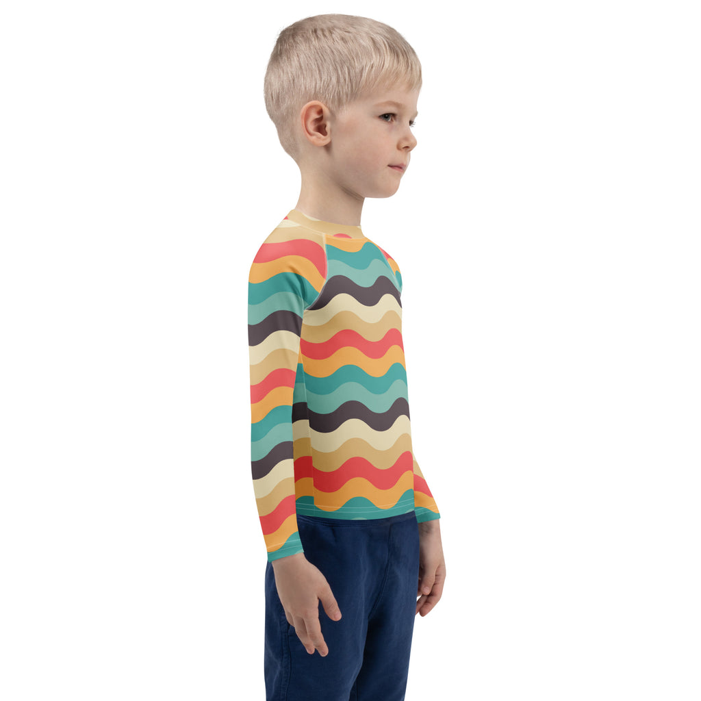 Kids Retro Beach Waves Long Sleeve Rash Guard Swim Shirt – Buttery Soft, Sun Safe UPF 50+ Protection, Quick Dry & 4-Way Stretch Comfort