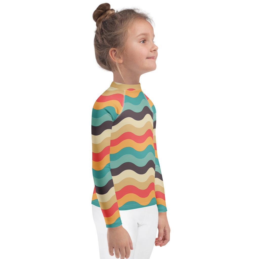Kids Retro Beach Waves Long Sleeve Rash Guard Swim Shirt – Buttery Soft, Sun Safe UPF 50+ Protection, Quick Dry & 4-Way Stretch Comfort