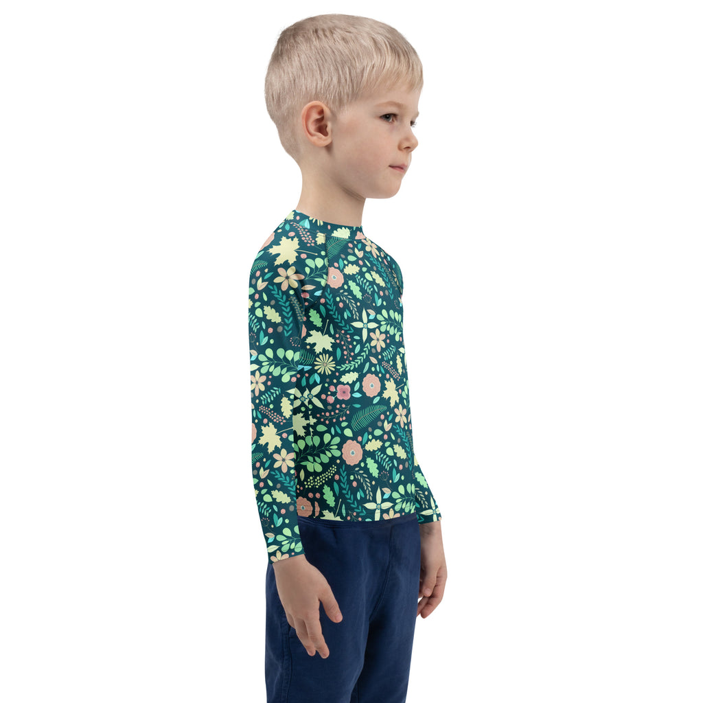 Kids Tropical Green Wildflower Garden Long Sleeve Rash Guard Swim Shirt – Buttery Soft, Sun Safe UPF 50+ Protection, Quick Dry & 4-Way Stretch Comfort