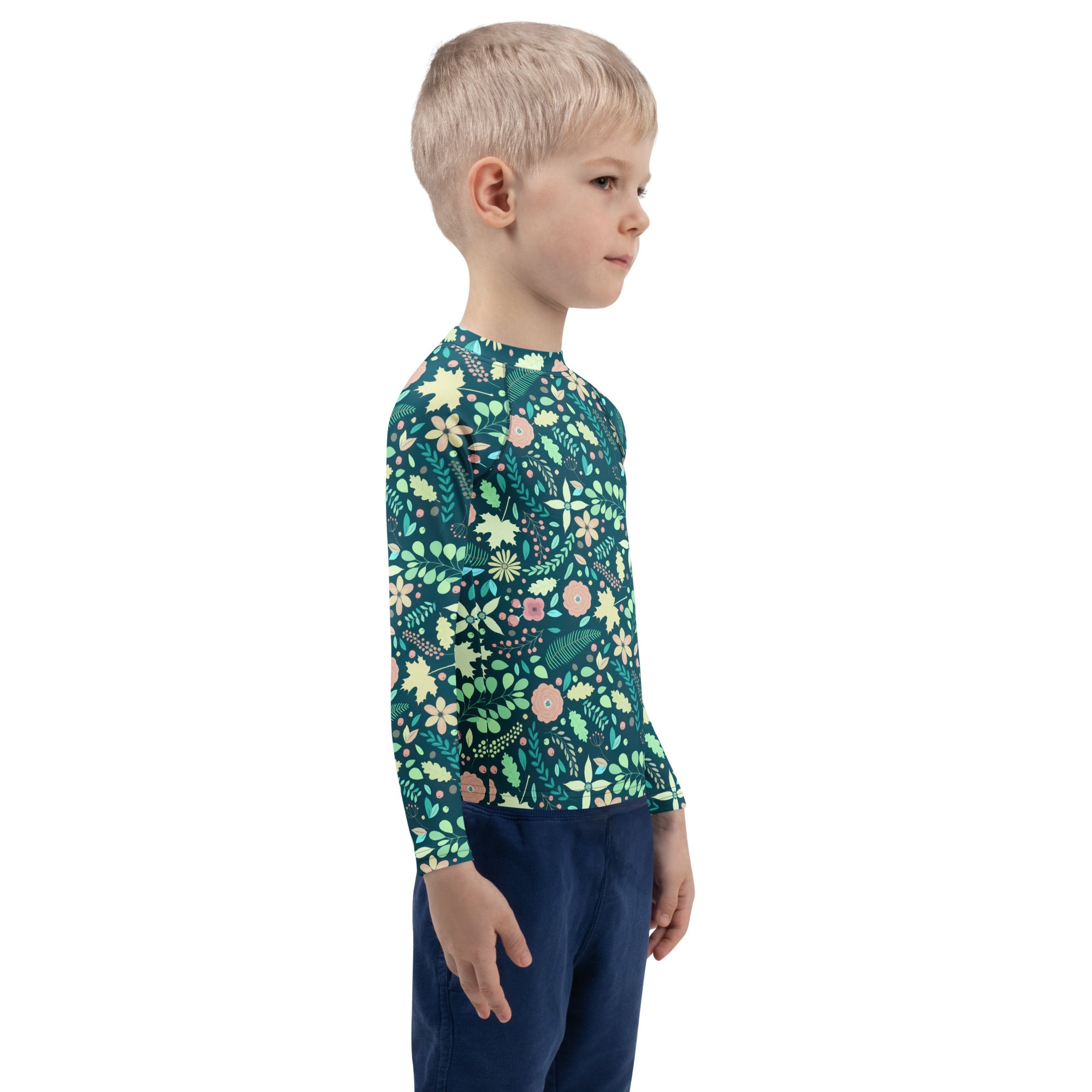 Kids Tropical Green Wildflower Garden Long Sleeve Rash Guard Swim Shirt – Buttery Soft, Sun Safe UPF 50+ Protection, Quick Dry & 4-Way Stretch Comfort