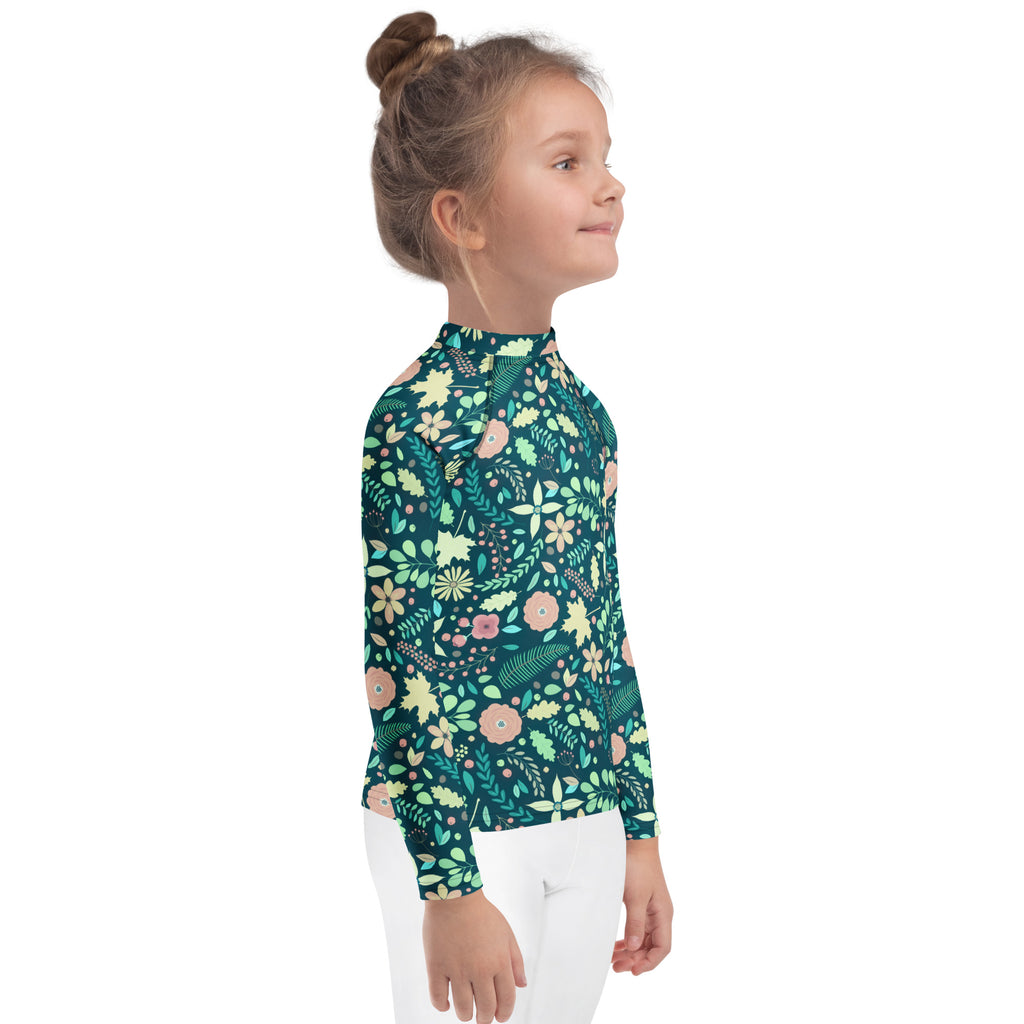 Kids Tropical Green Wildflower Garden Long Sleeve Rash Guard Swim Shirt – Buttery Soft, Sun Safe UPF 50+ Protection, Quick Dry & 4-Way Stretch Comfort