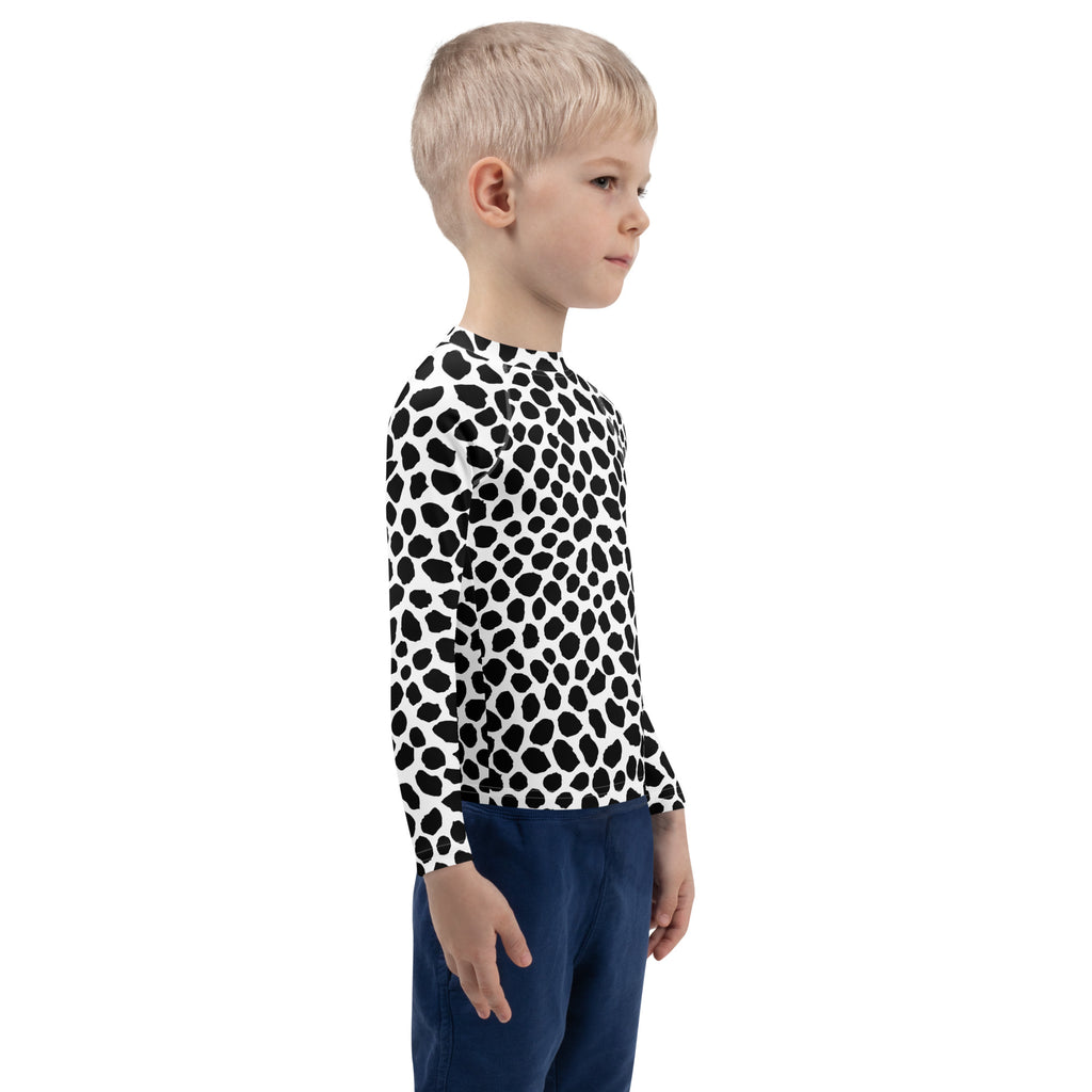 Kids Black & White Dalmatian Print Long Sleeve Rash Guard Swim Shirt – Buttery Soft, Sun Safe UPF 50+ Protection, Quick Dry & 4-Way Stretch Comfort