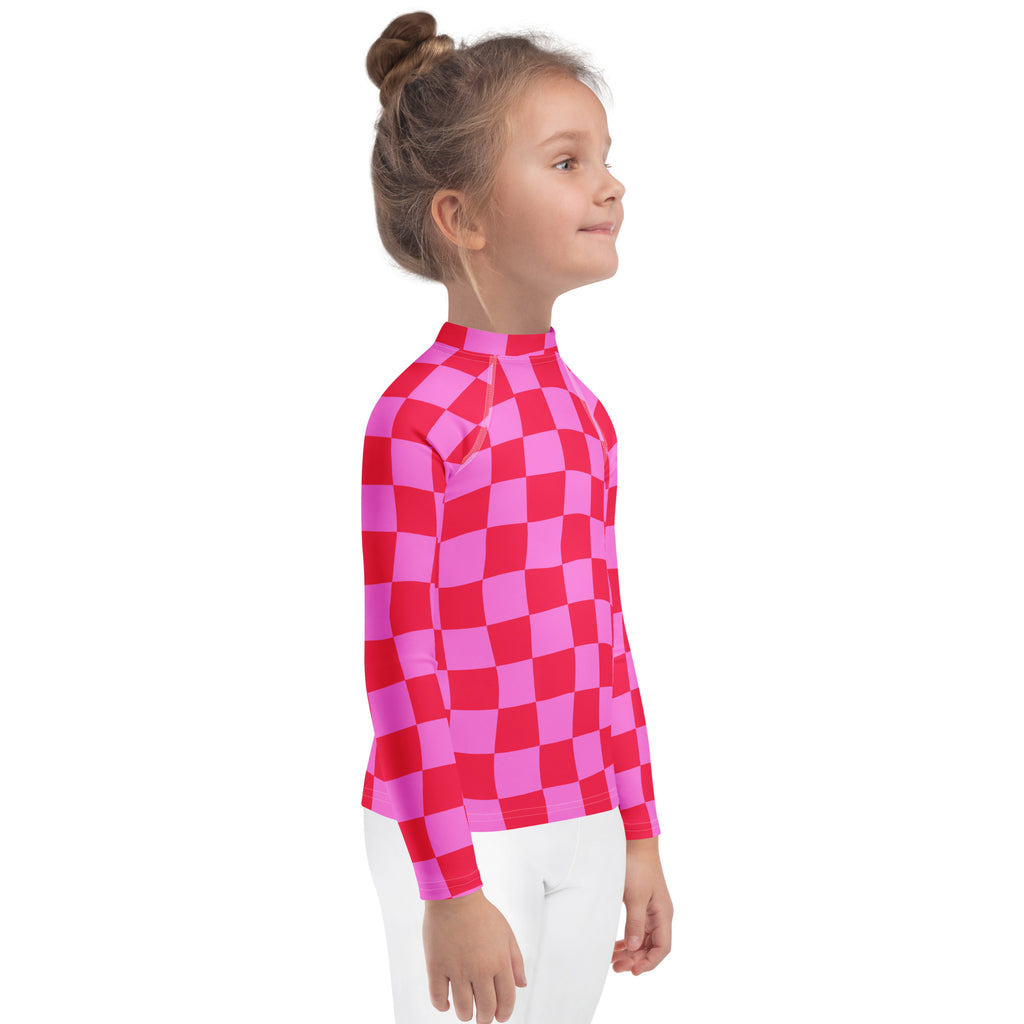 Girls Pink Checkerboard Long Sleeve Rash Guard Swim Shirt – Buttery Soft, Sun Safe UPF 50+ Protection, Quick Dry & 4-Way Stretch Comfort