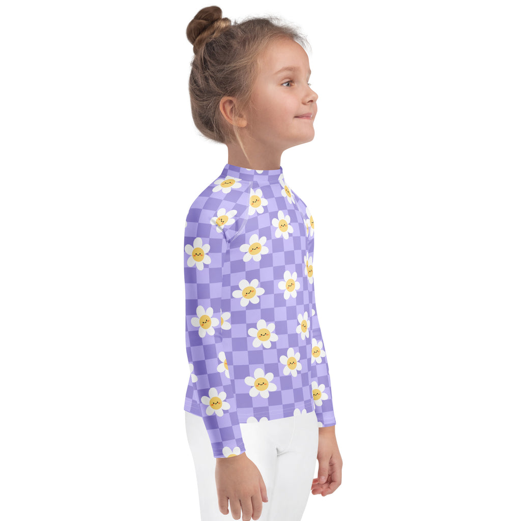 Girls Purple Smile Daisy Checkered Long Sleeve Rash Guard Swim Shirt – Buttery Soft, Sun Safe UPF 50+ Protection, Quick Dry & 4-Way Stretch Comfort