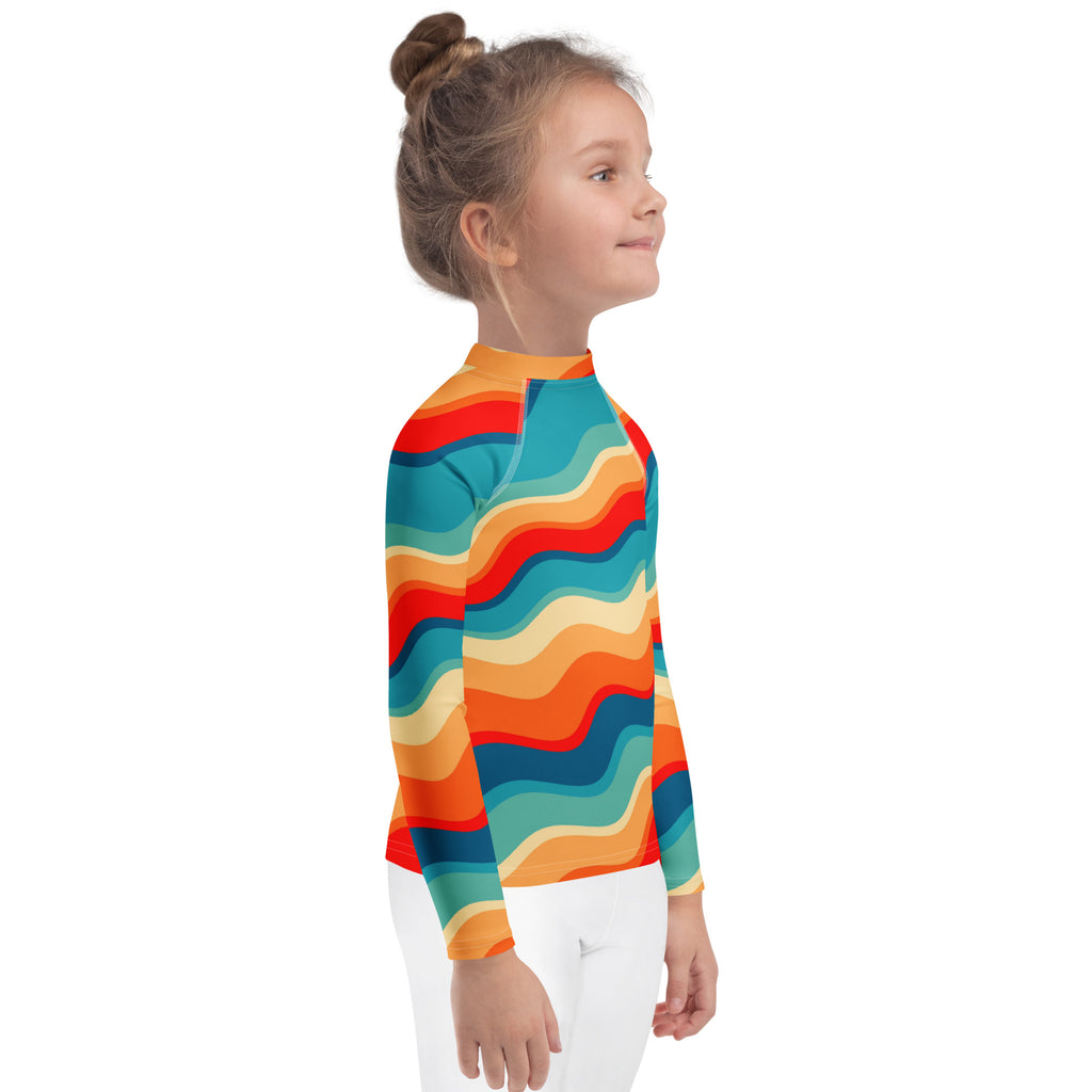 Kids Retro Sunset Waves Long Sleeve Rash Guard Swim Shirt – Buttery Soft, Sun Safe UPF 50+ Protection, Quick Dry & 4-Way Stretch Comfort