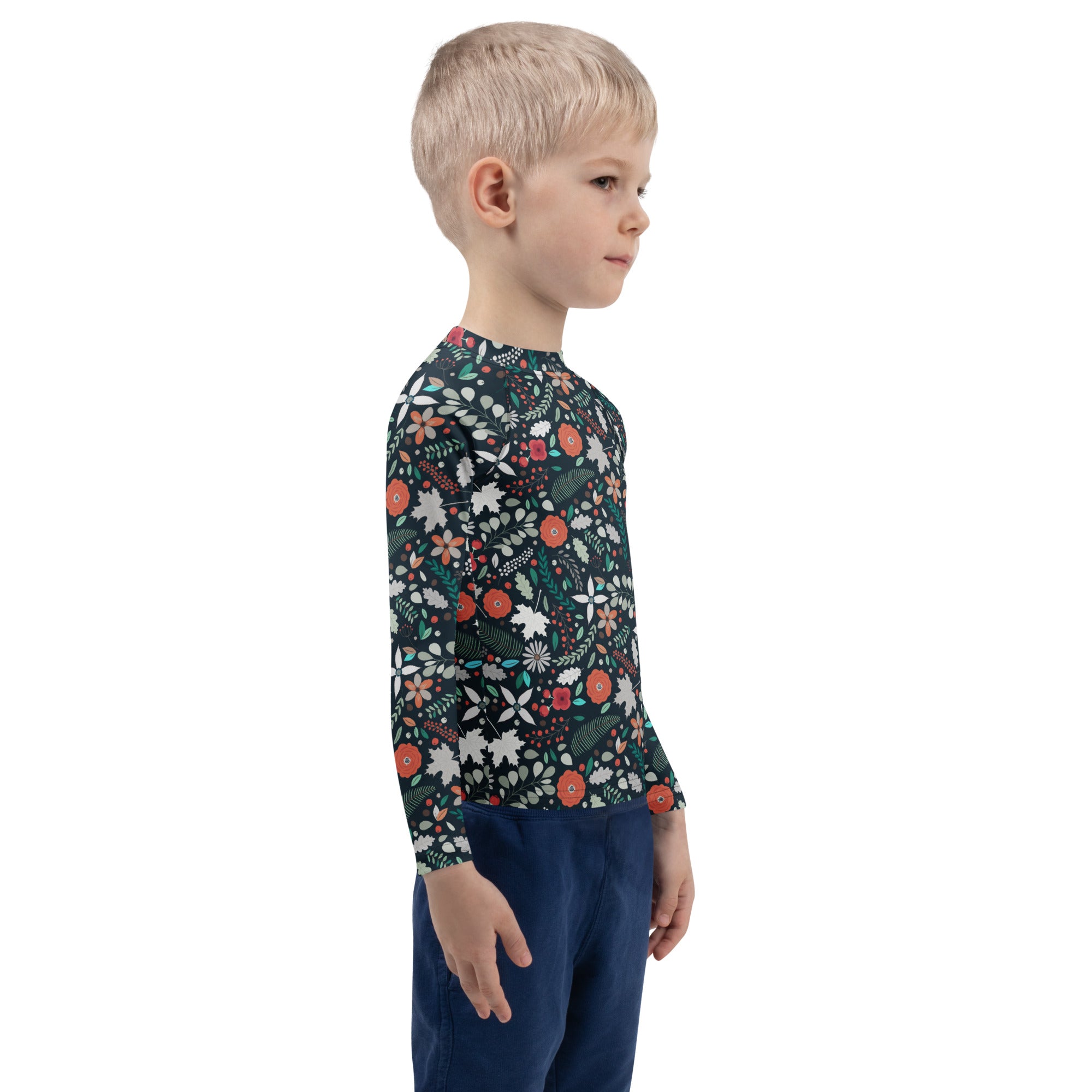 Kids Tropical Midnight Wildflowers Long Sleeve Rash Guard Swim Shirt – Buttery Soft, Sun Safe UPF 50+ Protection, Quick Dry & 4-Way Stretch Comfort