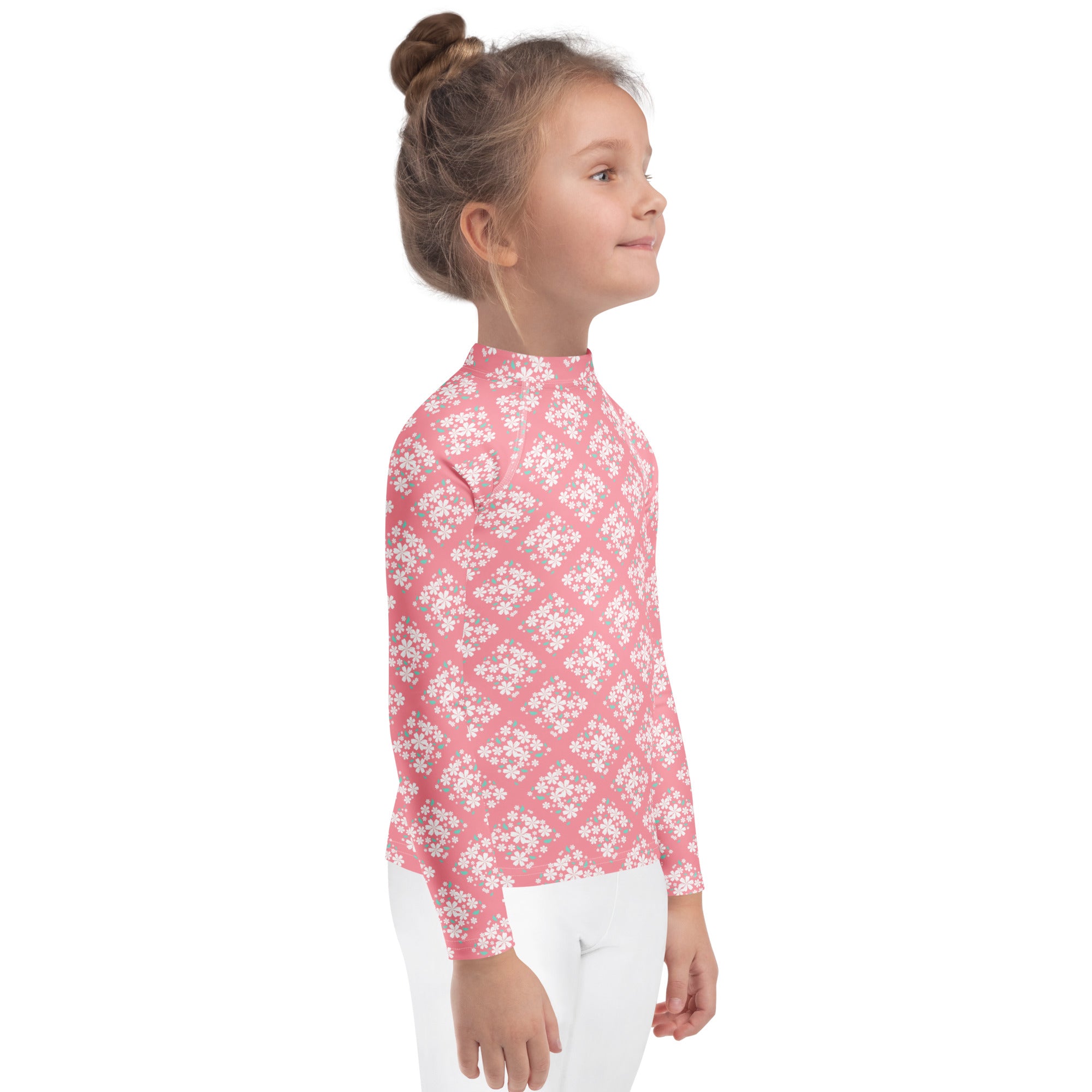 Girls Pink Blossom Squares Long Sleeve Rash Guard Swim Shirt – Buttery Soft, Sun Safe UPF 50+ Protection, Quick Dry & 4-Way Stretch Comfort