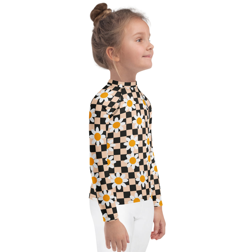 Girls Daisy Checkerboard Long Sleeve Rash Guard Swim Shirt – Buttery Soft, Sun Safe UPF 50+ Protection, Quick Dry & 4-Way Stretch Comfort