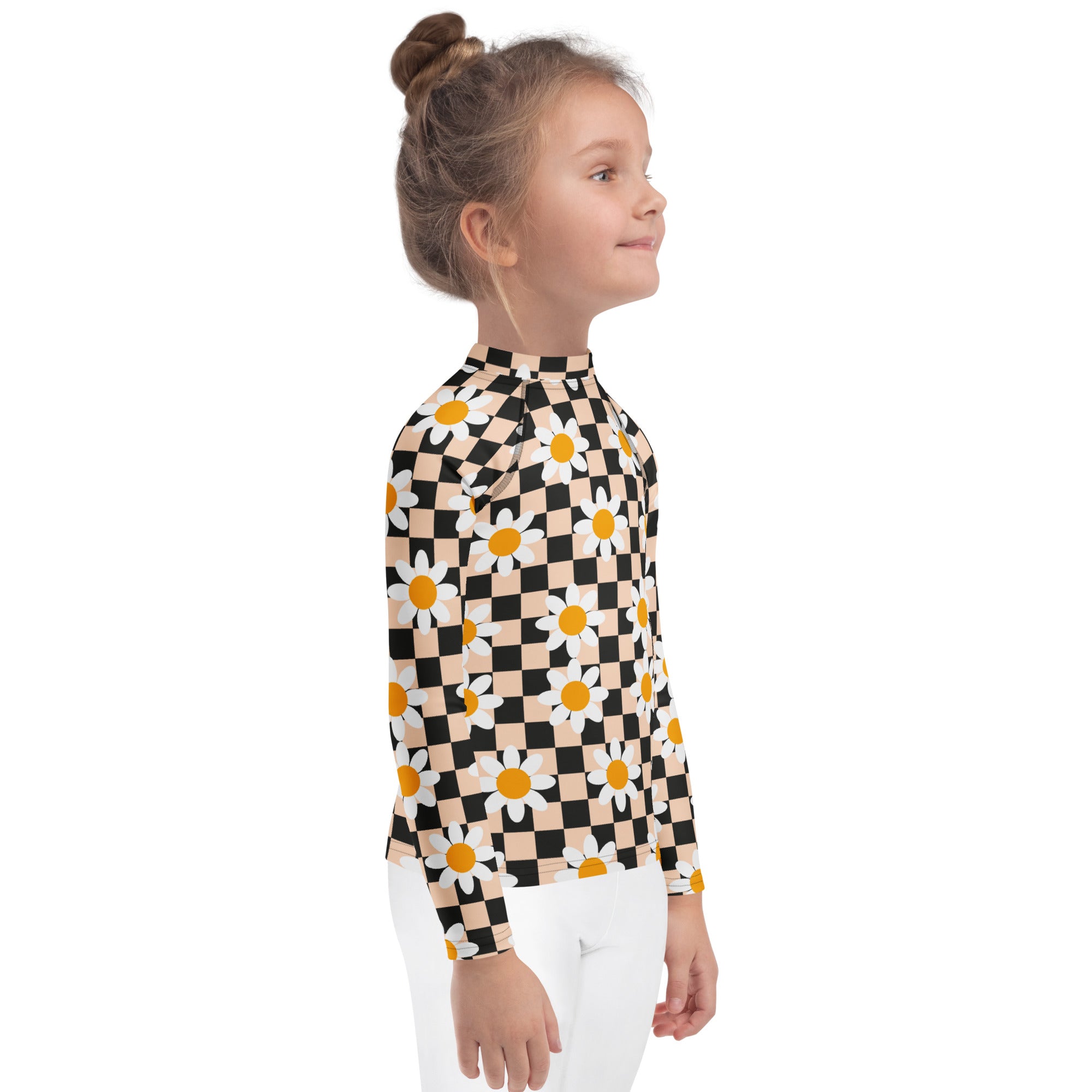 Girls Daisy Checkerboard Long Sleeve Rash Guard Swim Shirt – Buttery Soft, Sun Safe UPF 50+ Protection, Quick Dry & 4-Way Stretch Comfort