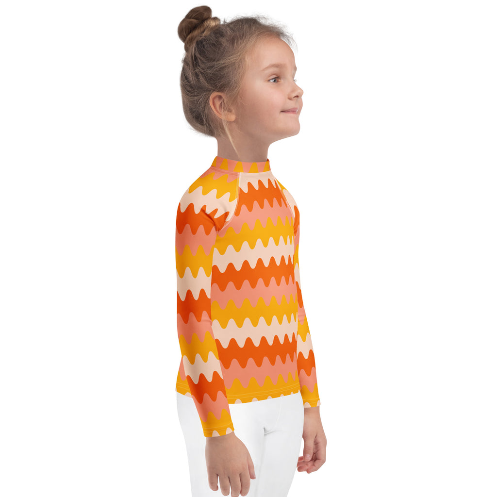 Kids Retro Sunset Waves Long Sleeve Rash Guard Swim Shirt – Buttery Soft, Sun Safe UPF 50+ Protection, Quick Dry & 4-Way Stretch Comfort