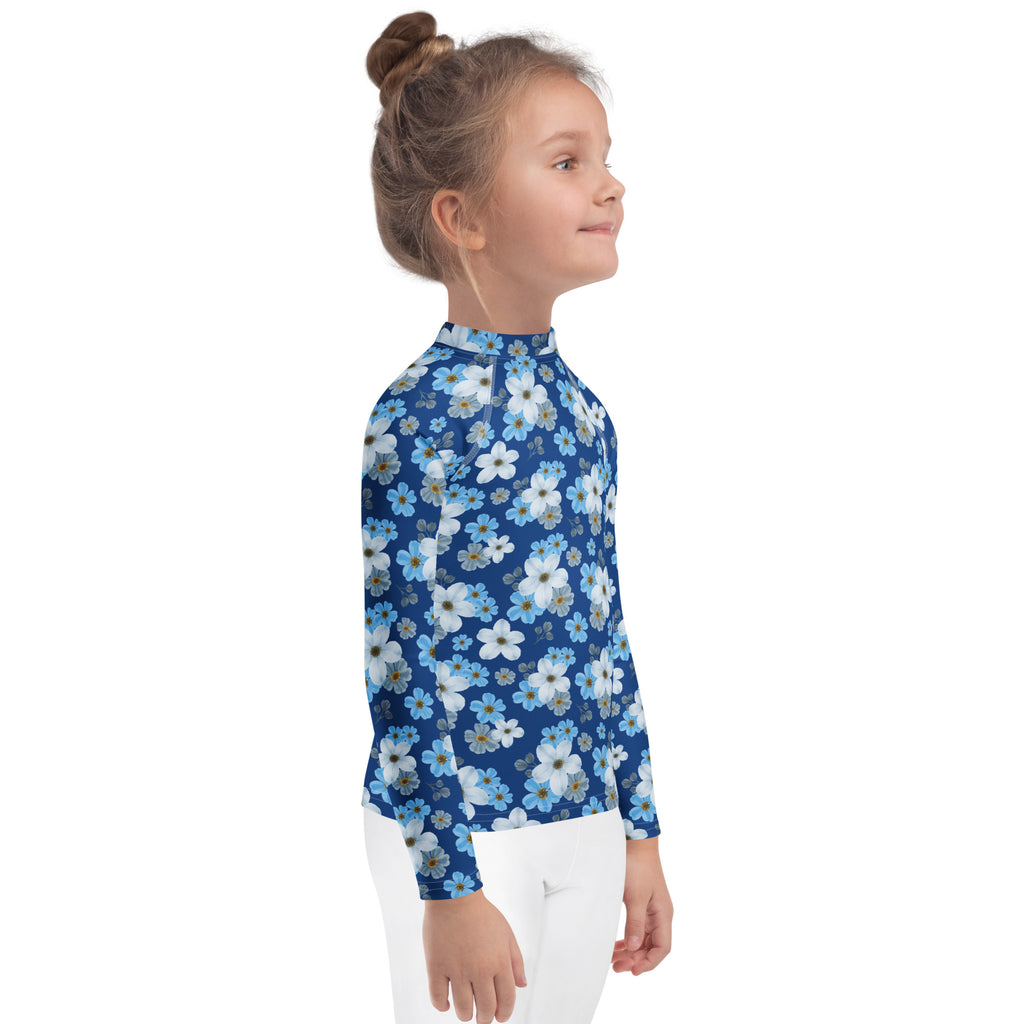 Kids Blue Wildflower Garden Long Sleeve Rash Guard Swim Shirt – Buttery Soft, Sun Safe UPF 50+ Protection, Quick Dry & 4-Way Stretch Comfort