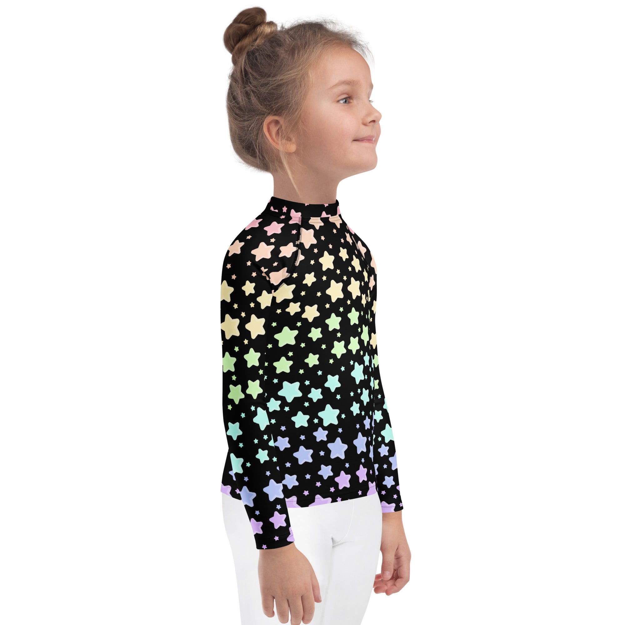 Kids Pastel Rainbow Stars Long Sleeve Rash Guard Swim Shirt – Buttery Soft, Sun Safe UPF 50+ Protection, Quick Dry & 4-Way Stretch Comfort