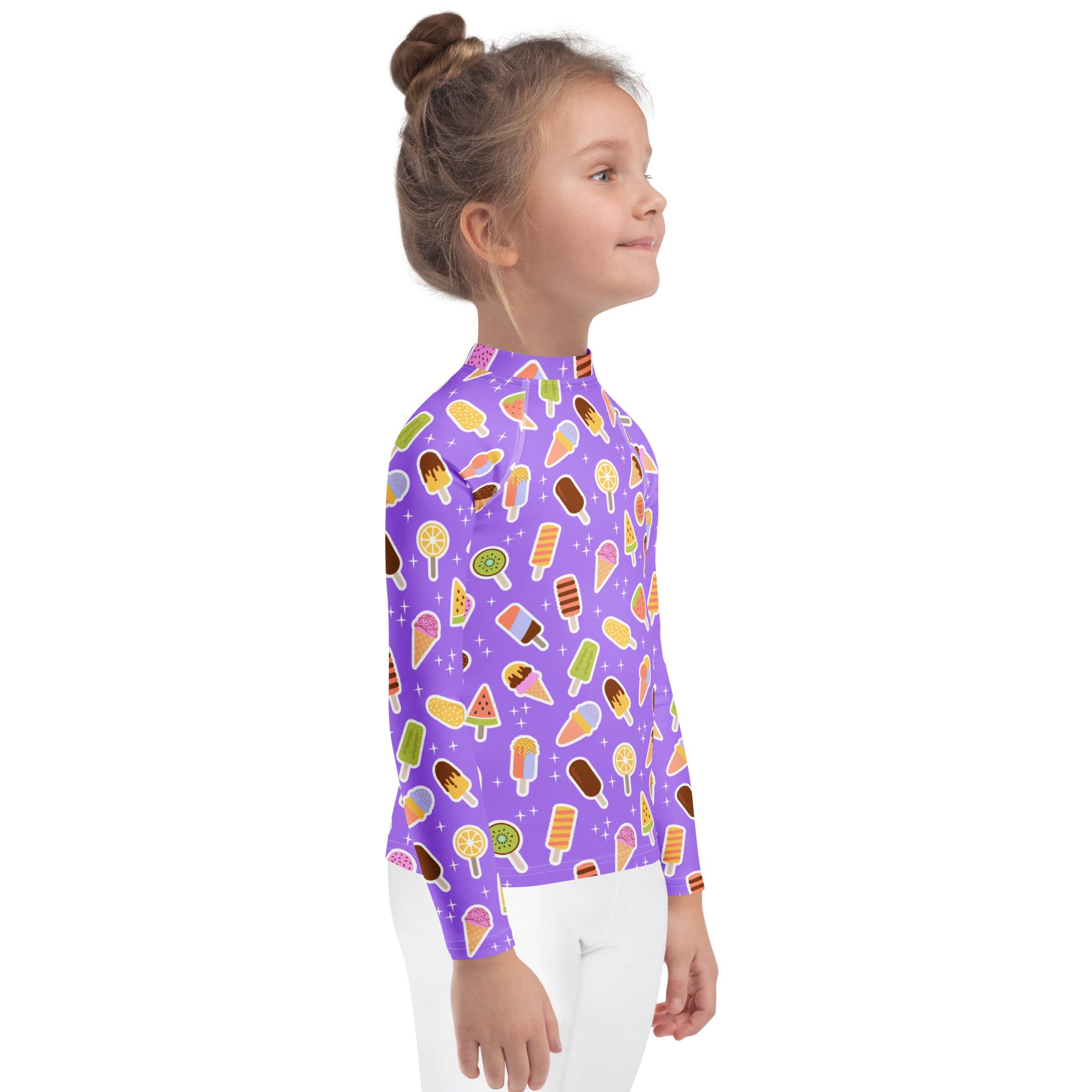 Kids Purple Ice Cream & Popsicle Long Sleeve Rash Guard Swim Shirt – Buttery Soft, Sun Safe UPF 50+ Protection, Quick Dry & 4-Way Stretch Comfort