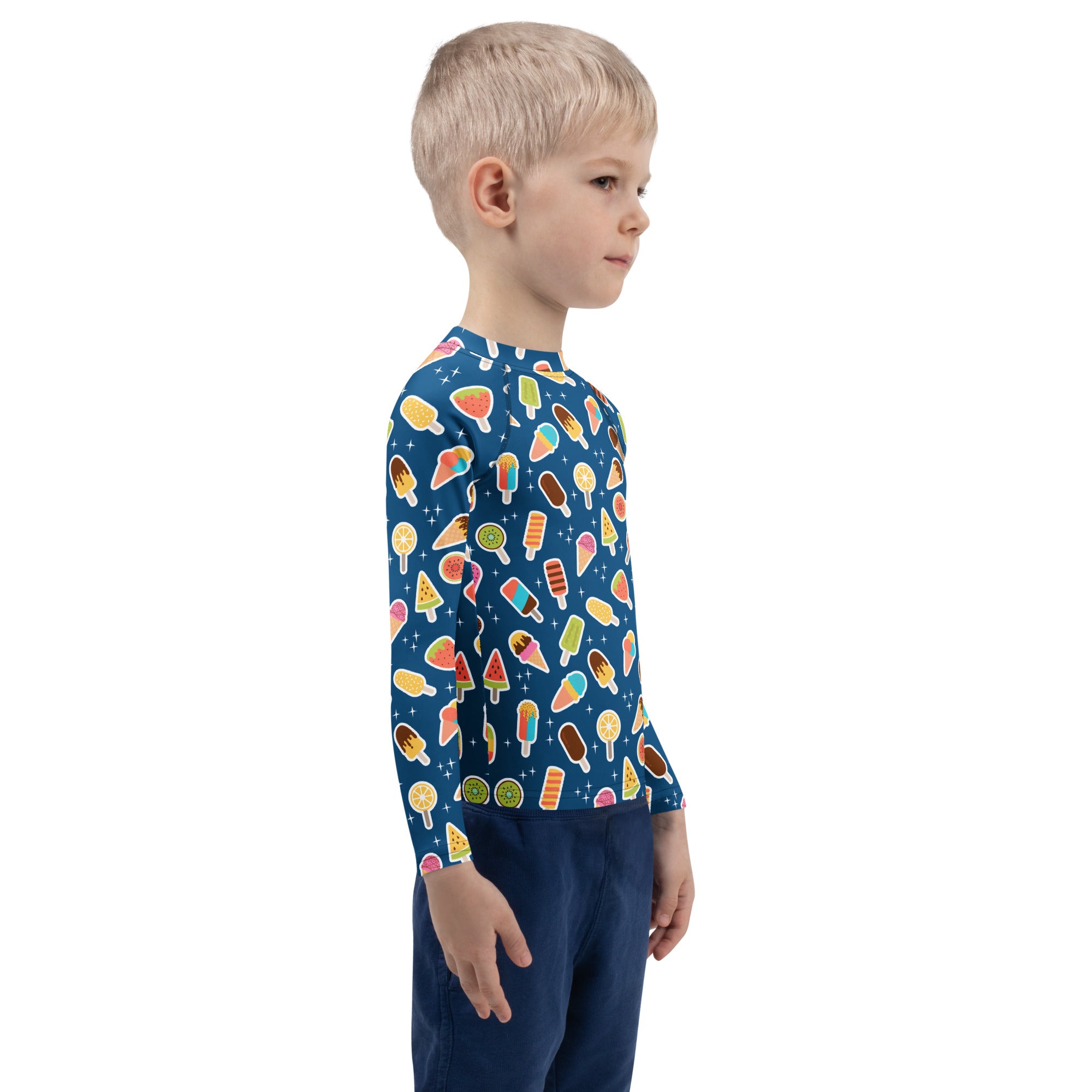 Kids Blue Ice Cream & Popsicle Long Sleeve Rash Guard Swim Shirt – Buttery Soft, Sun Safe UPF 50+ Protection, Quick Dry & 4-Way Stretch Comfort