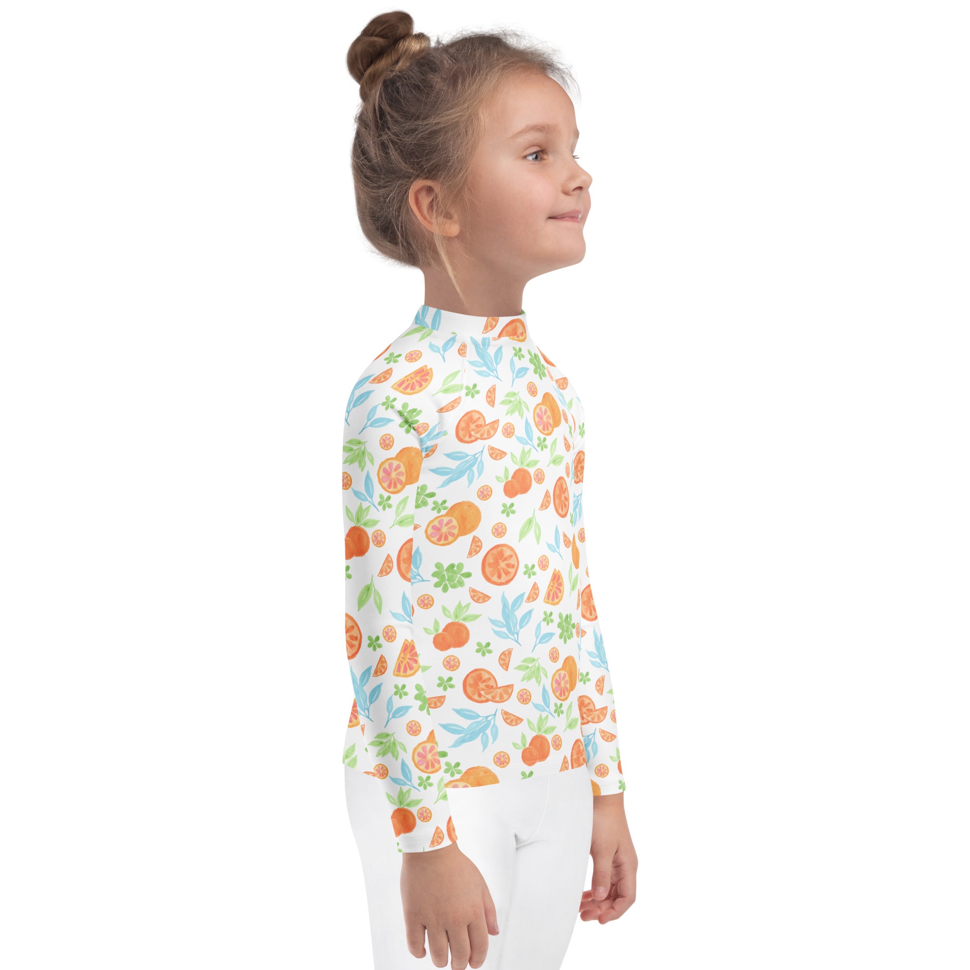 Kids Watercolor Citrus Orange Long Sleeve Rash Guard Swim Shirt – Buttery Soft, Sun Safe UPF 50+ Protection, Quick Dry & 4-Way Stretch Comfort