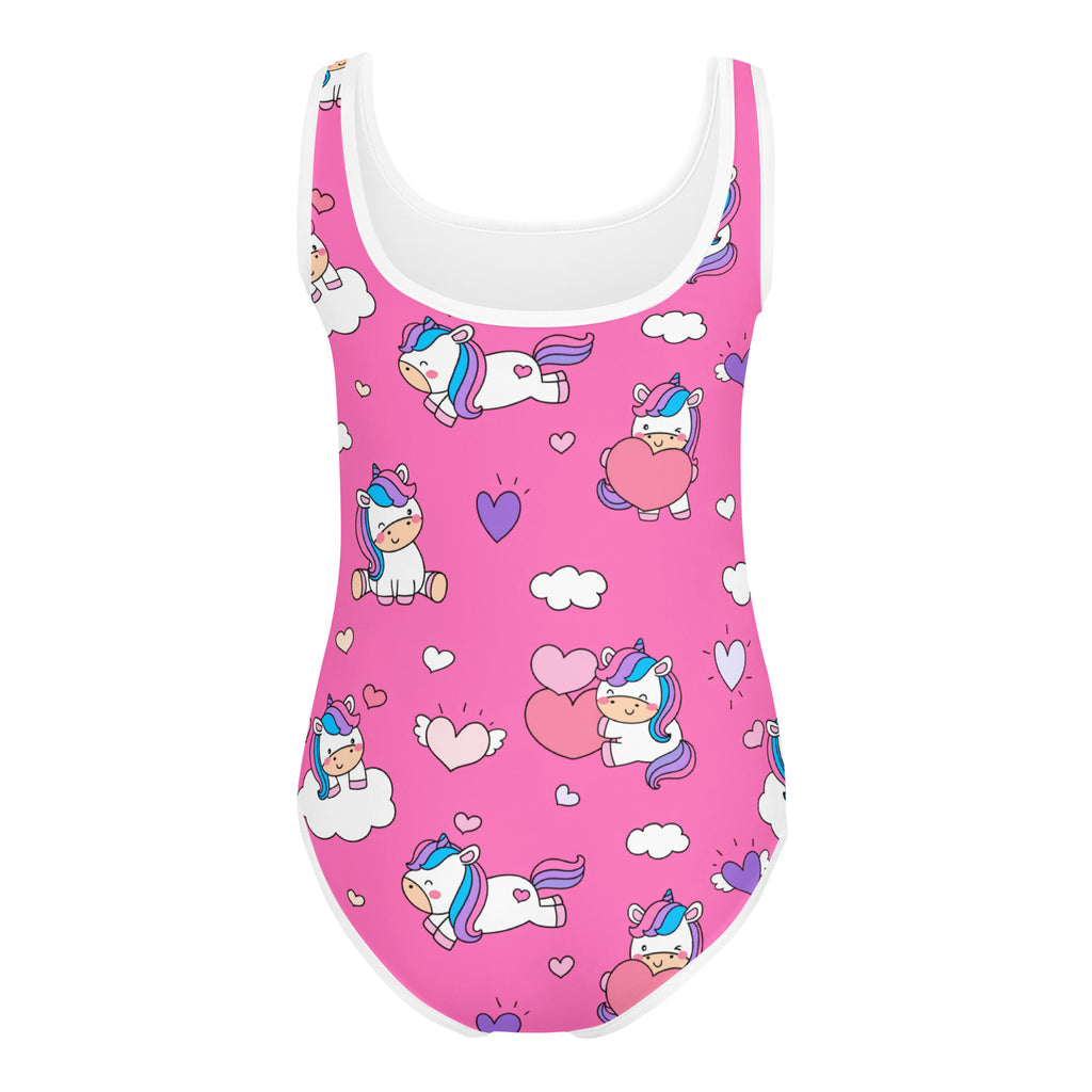 Pink kids swimsuit with unicorn and heart print, all-over pattern, front view