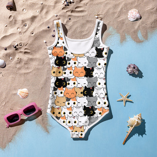 White girls one-piece swimsuit with colorful cartoon cat faces buttery soft fabric and upf 50+ protection